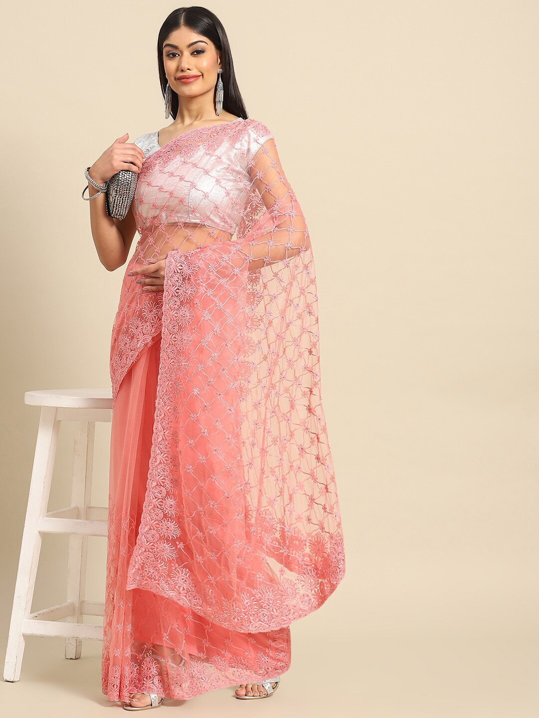 

Nimayaa Floral Embroidered Net Saree, Pink