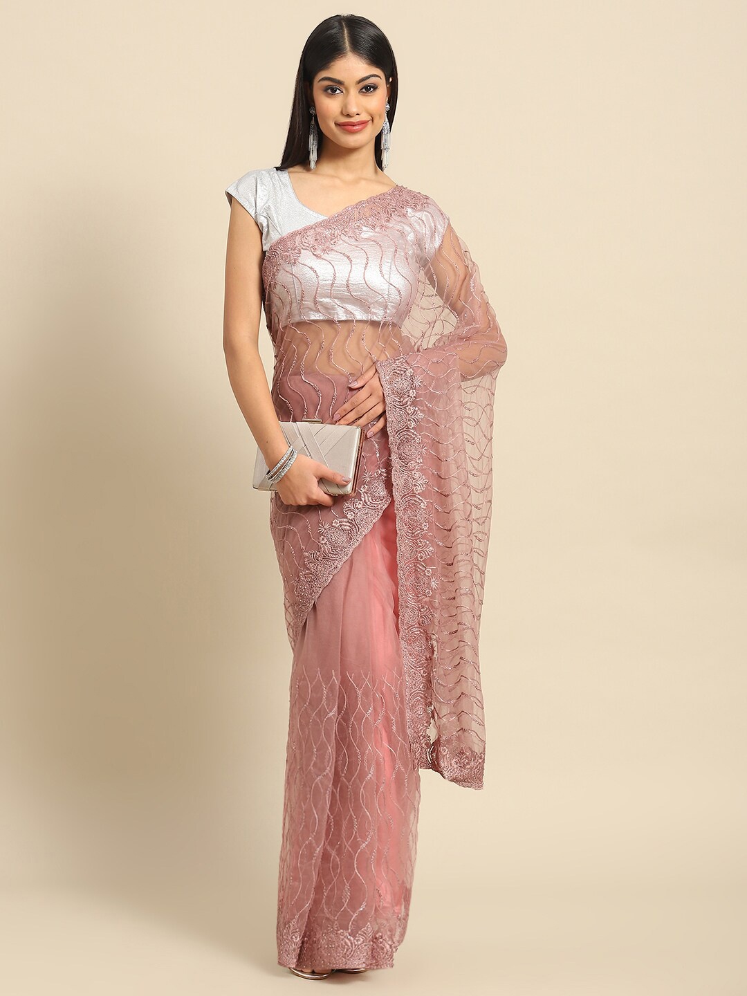 

Nimayaa Embroidered Sequinned Net Saree, Peach