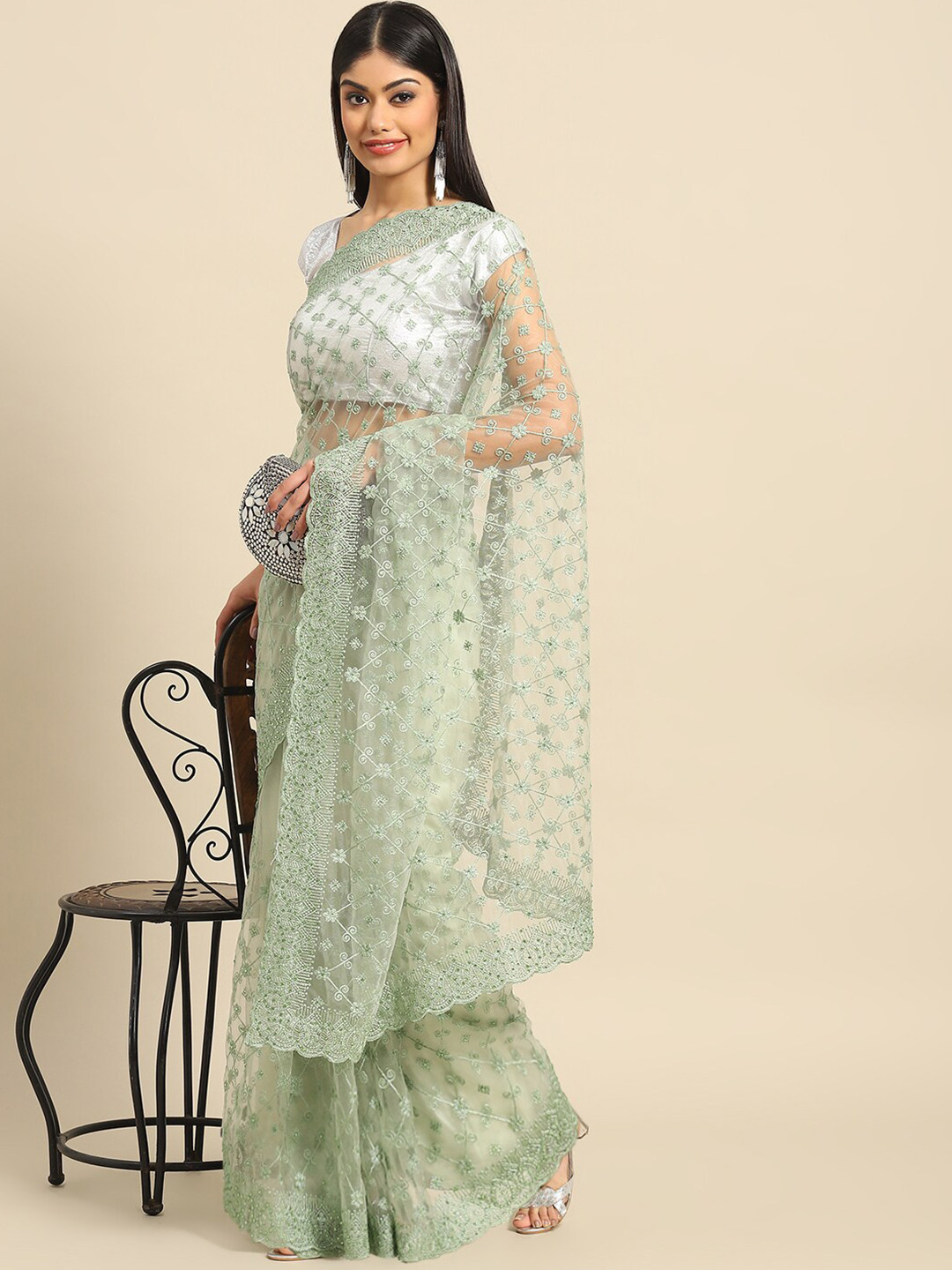 

Nimayaa Floral Embroidered Net Saree, Sea green