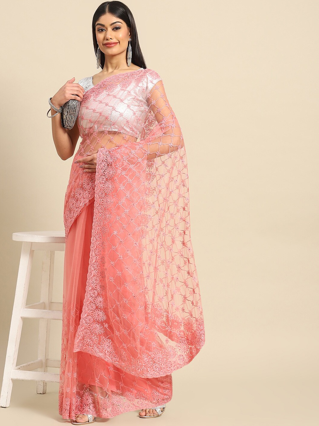

Mitera Pink Floral Embroidered Net Saree