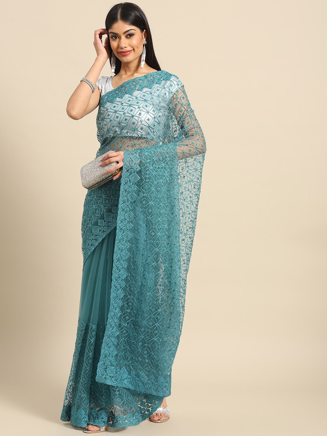 

Mitera Blue Floral Embroidered Net Saree