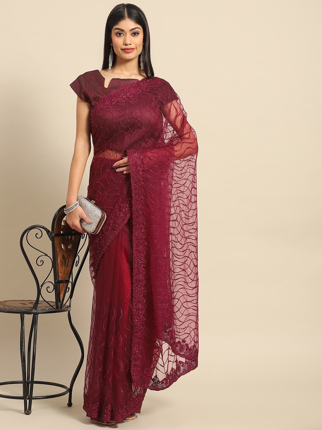 

Mitera Maroon Abstract Embroidered Net Saree