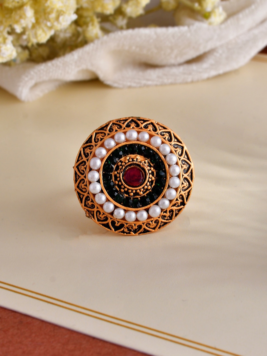 

Silvermerc Designs Gold-Plated & Stone-Studded Finger Ring