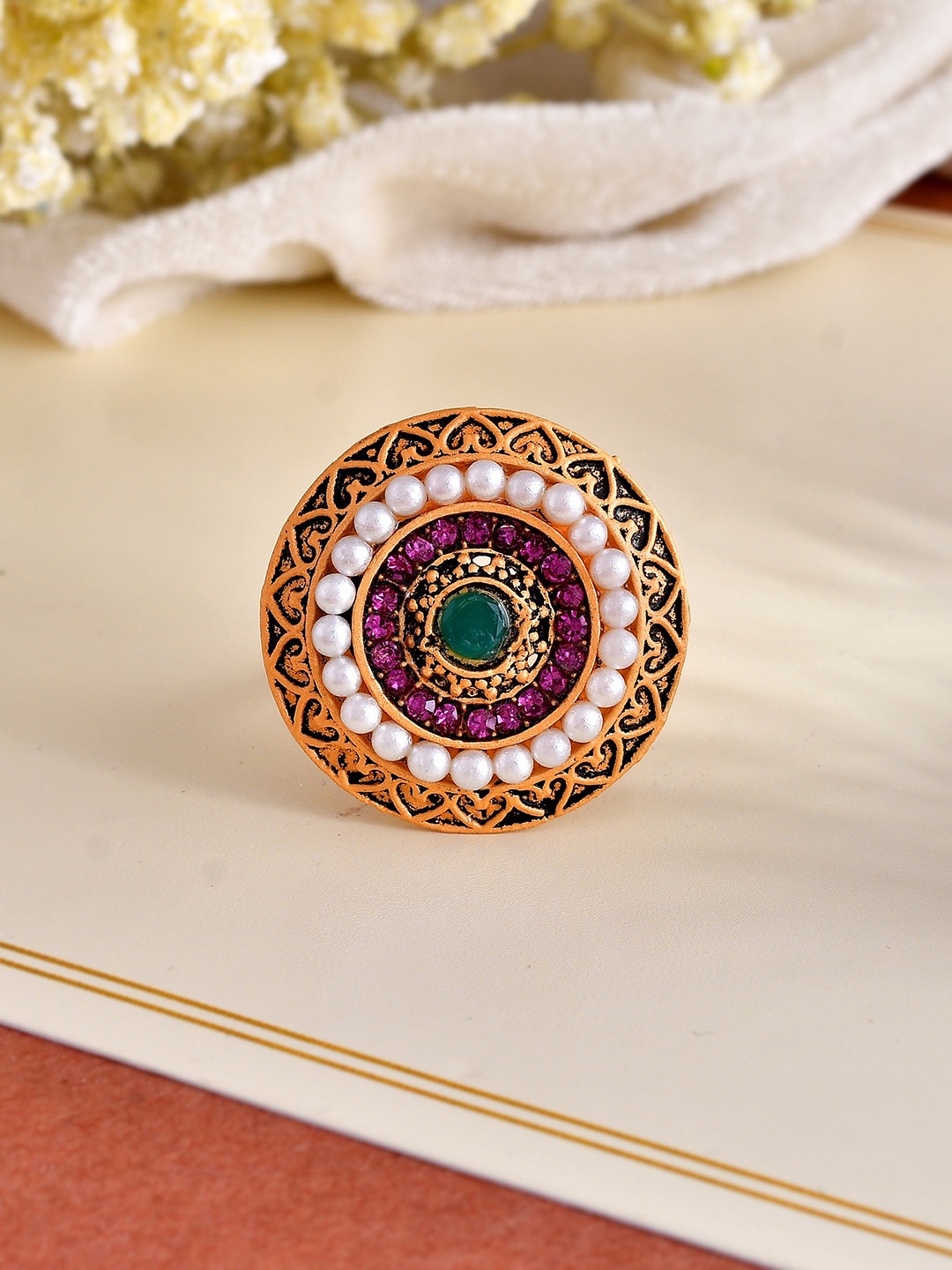 

Silvermerc Designs Gold-Plated Stone-Studded Adjustable Finger Ring