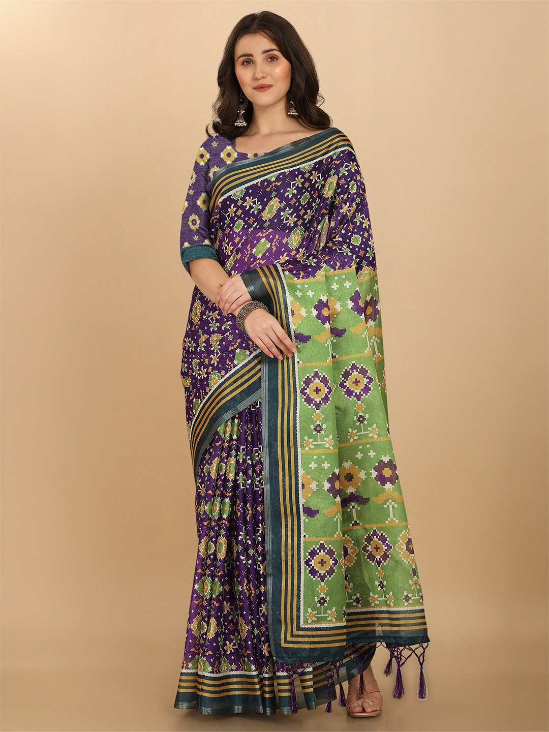 

VISHNU WEAVES Ethnic Printed Zari Silk Cotton Patola Saree, Purple