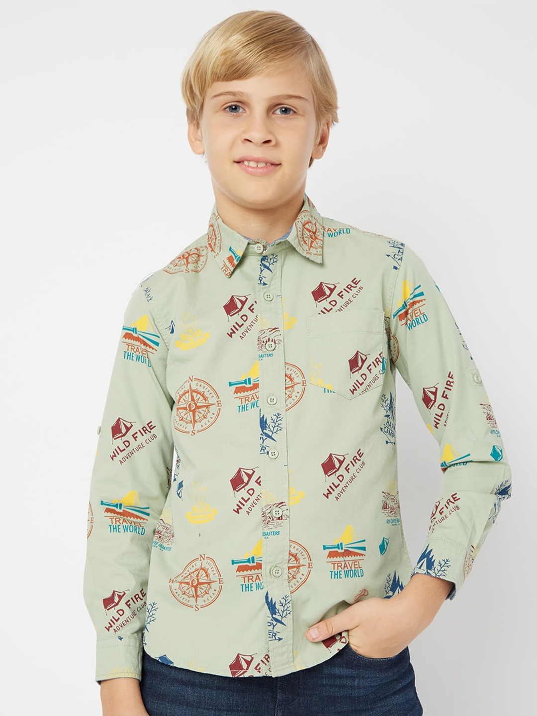 

GAS Boys Conversational Printed Cotton Shirt, Green