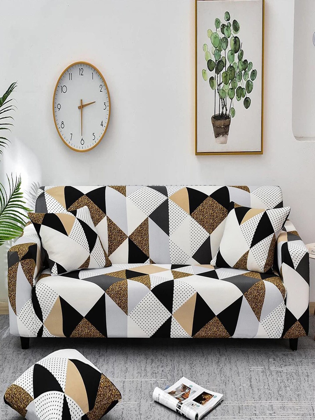 

HOUSE OF QUIRK Universal Beige & White Geometric Stretchable 2-Seater Sofa Slip Cover