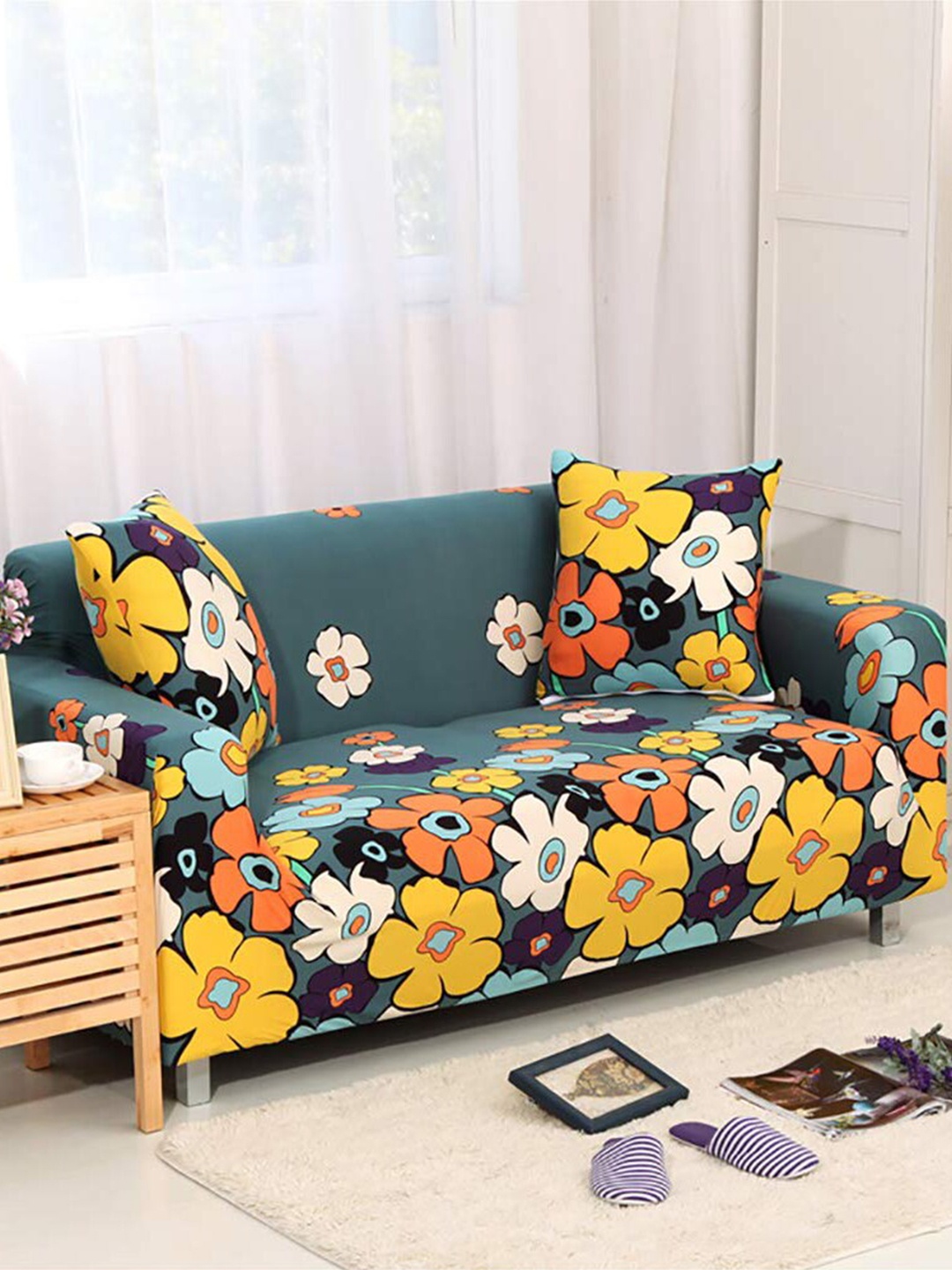 

HOUSE OF QUIRK Universal Teal Green Floral Flexible Stretch 2-Seater Sofa Slipcover, Yellow
