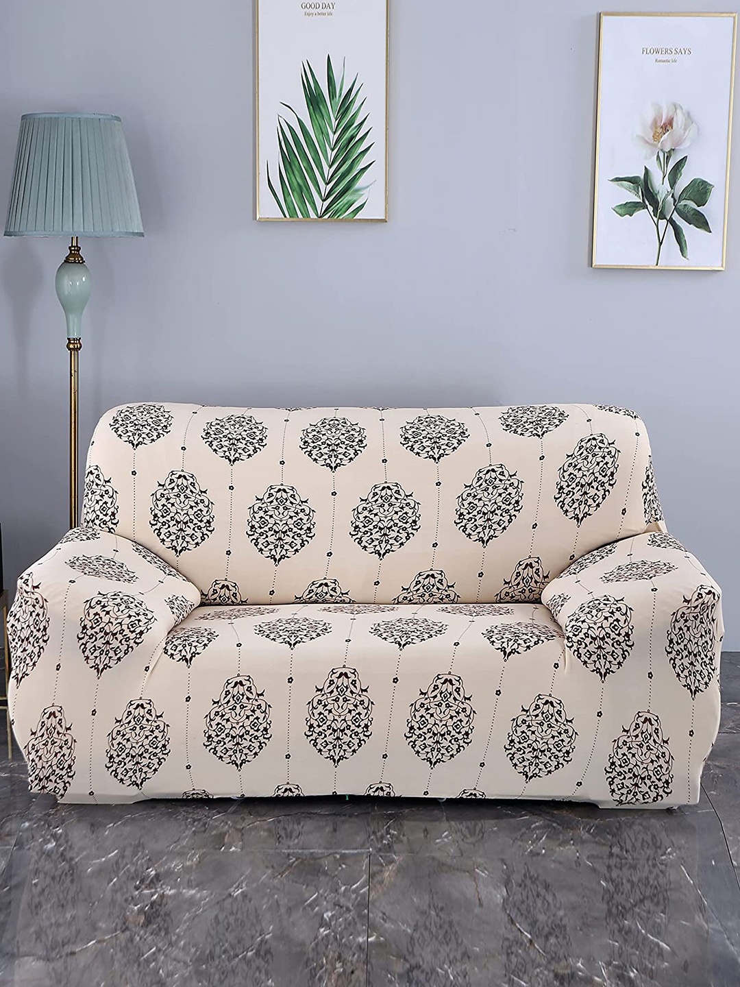 

HOUSE OF QUIRK Universal Cream-Colored & Brown Printed Stretchable 2-Seater Sofa Slipcover