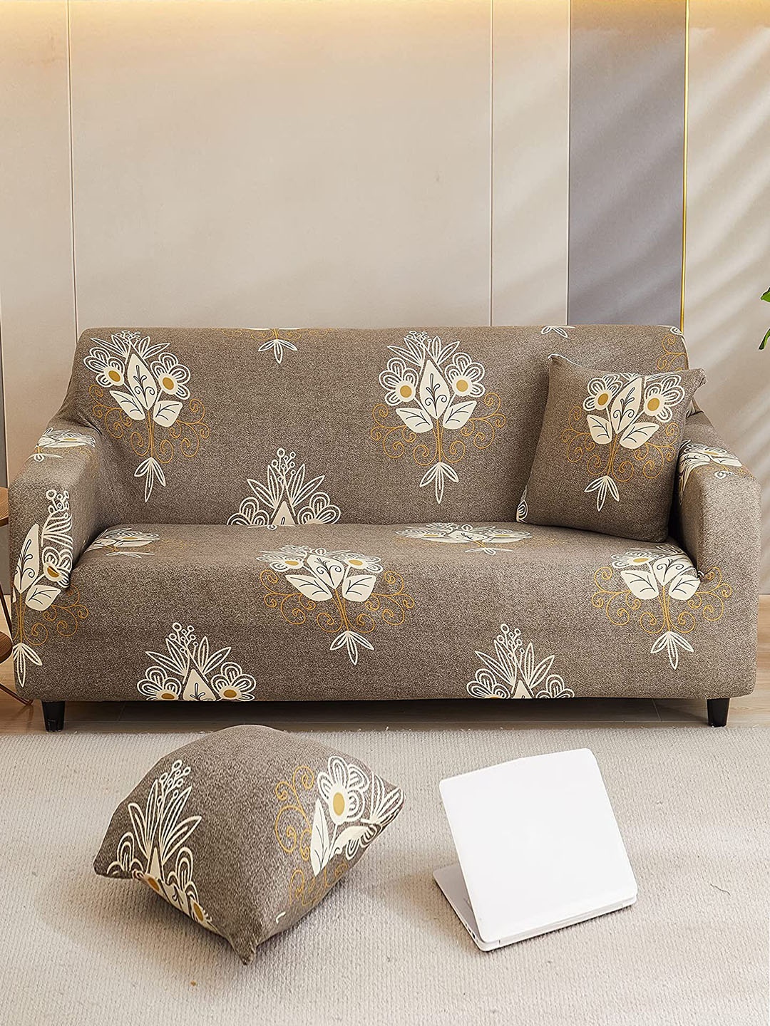

HOUSE OF QUIRK Universal Grey Printed Flexible Stretchable 2-Seater Sofa Slip Cover