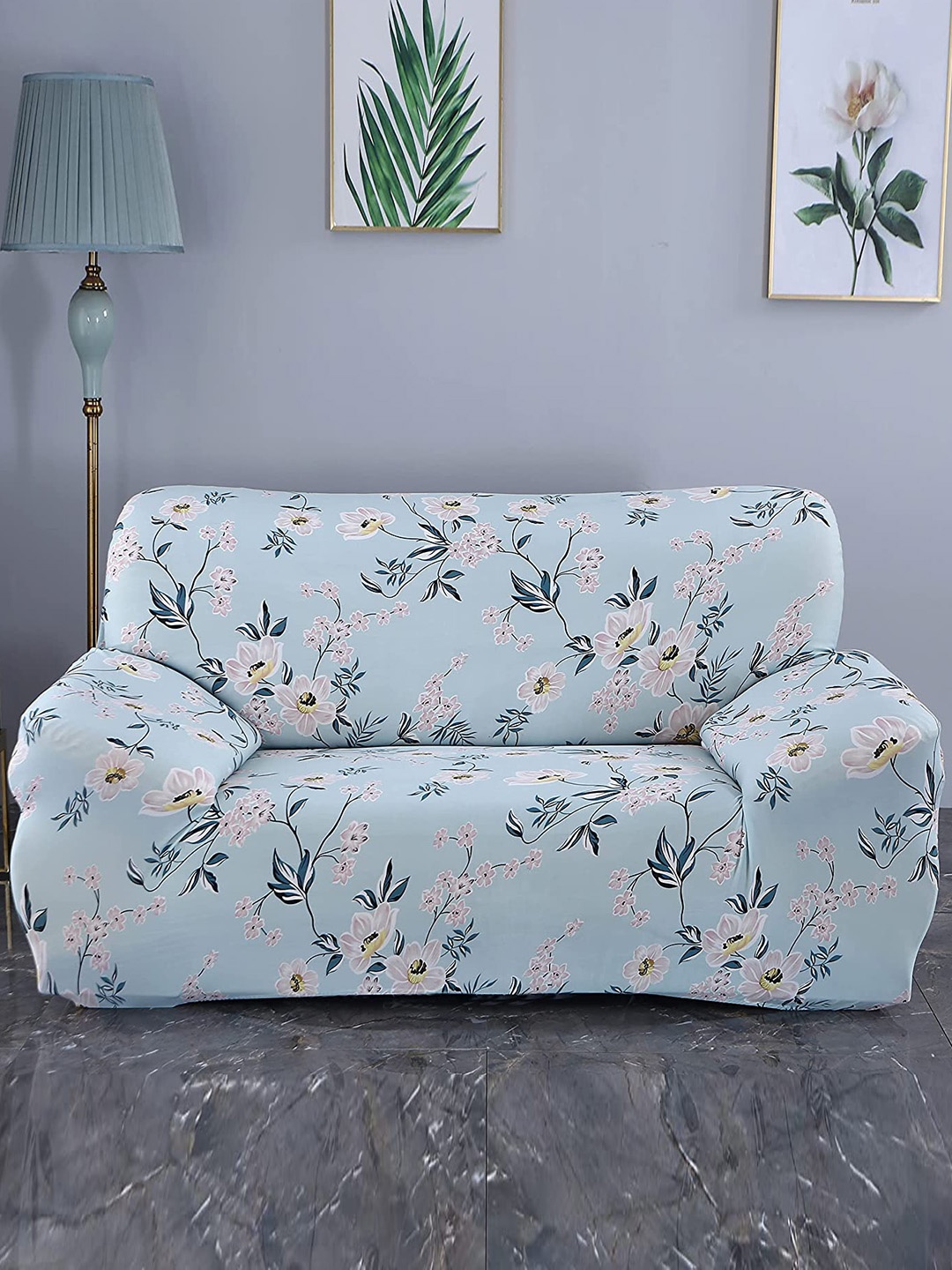 

HOUSE OF QUIRK Universal Blue & Pink Floral Printed Stretchable 2-Seater Sofa Slip Cover