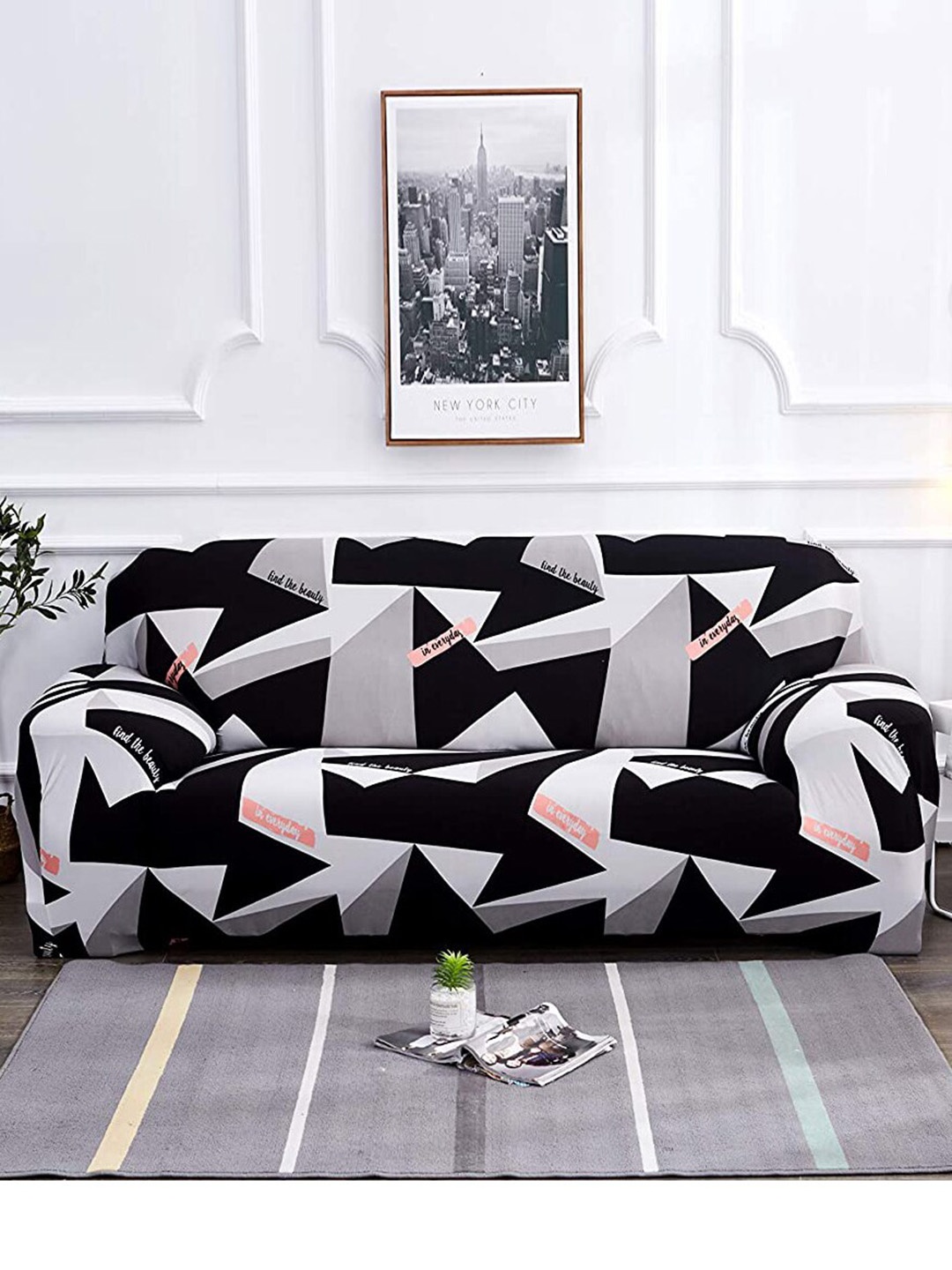 

HOUSE OF QUIRK Universal Black & Grey Printed Stretchable 2-Seater Sofa Slip Cover