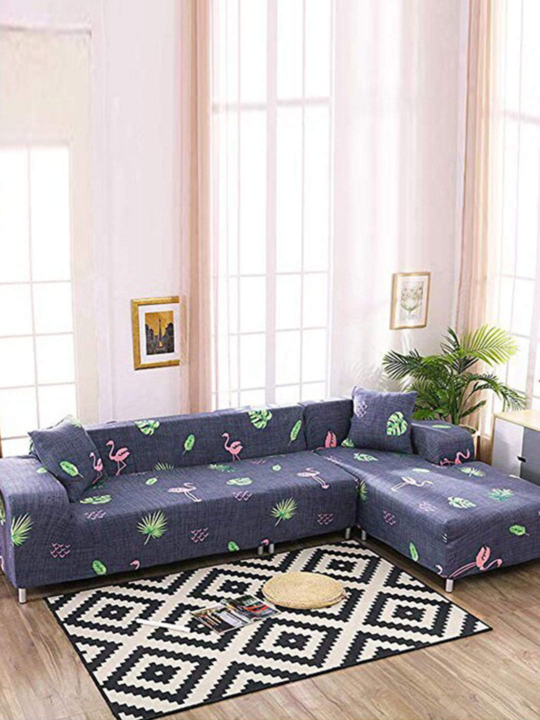 

HOUSE OF QUIRK Universal Blue Printed Flexible Stretchable 2-Seater Sofa Slip Cover