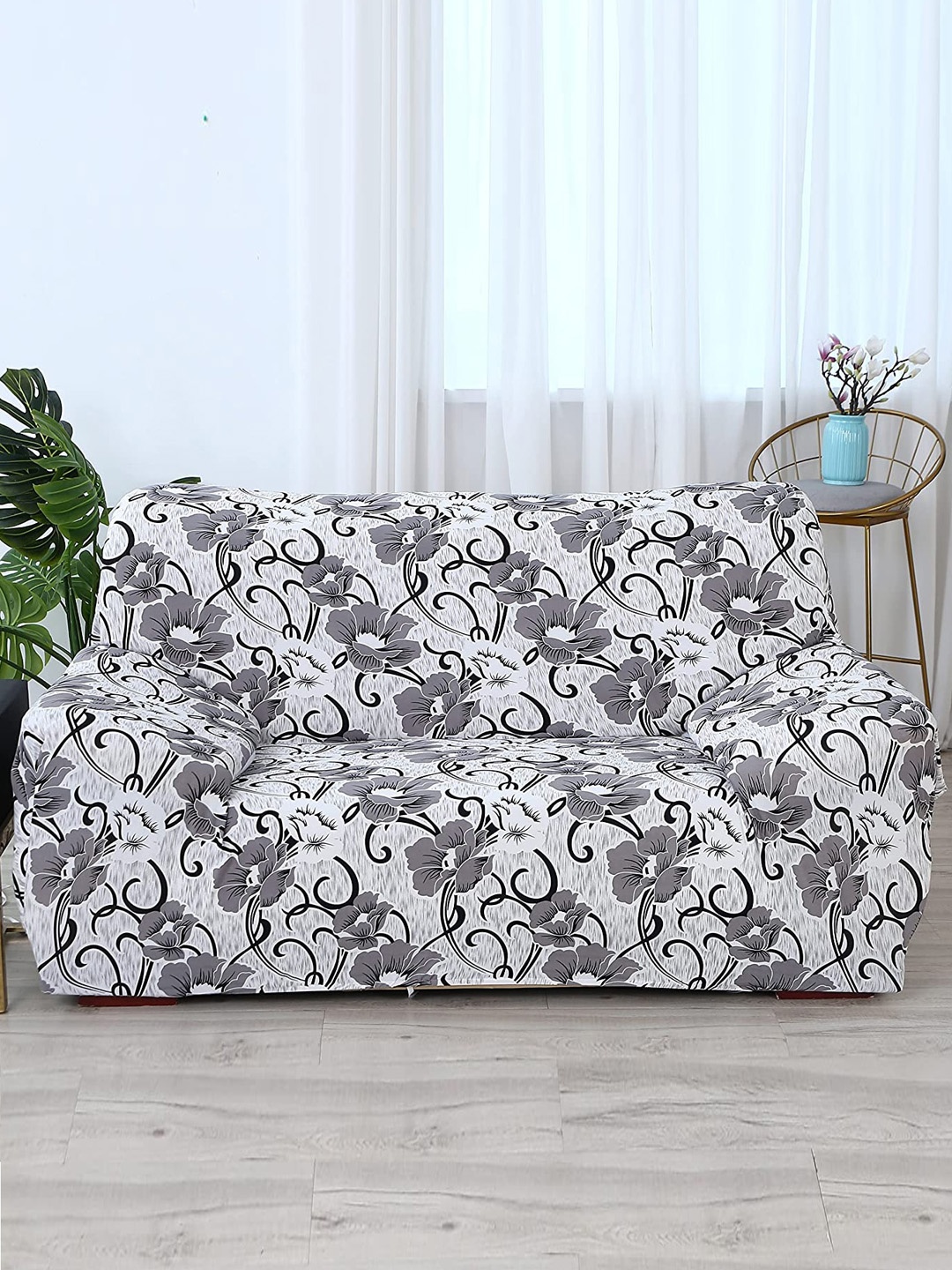 

HOUSE OF QUIRK Universal Grey & White Printed Flexible Stretchable 2-Seater Sofa Cover