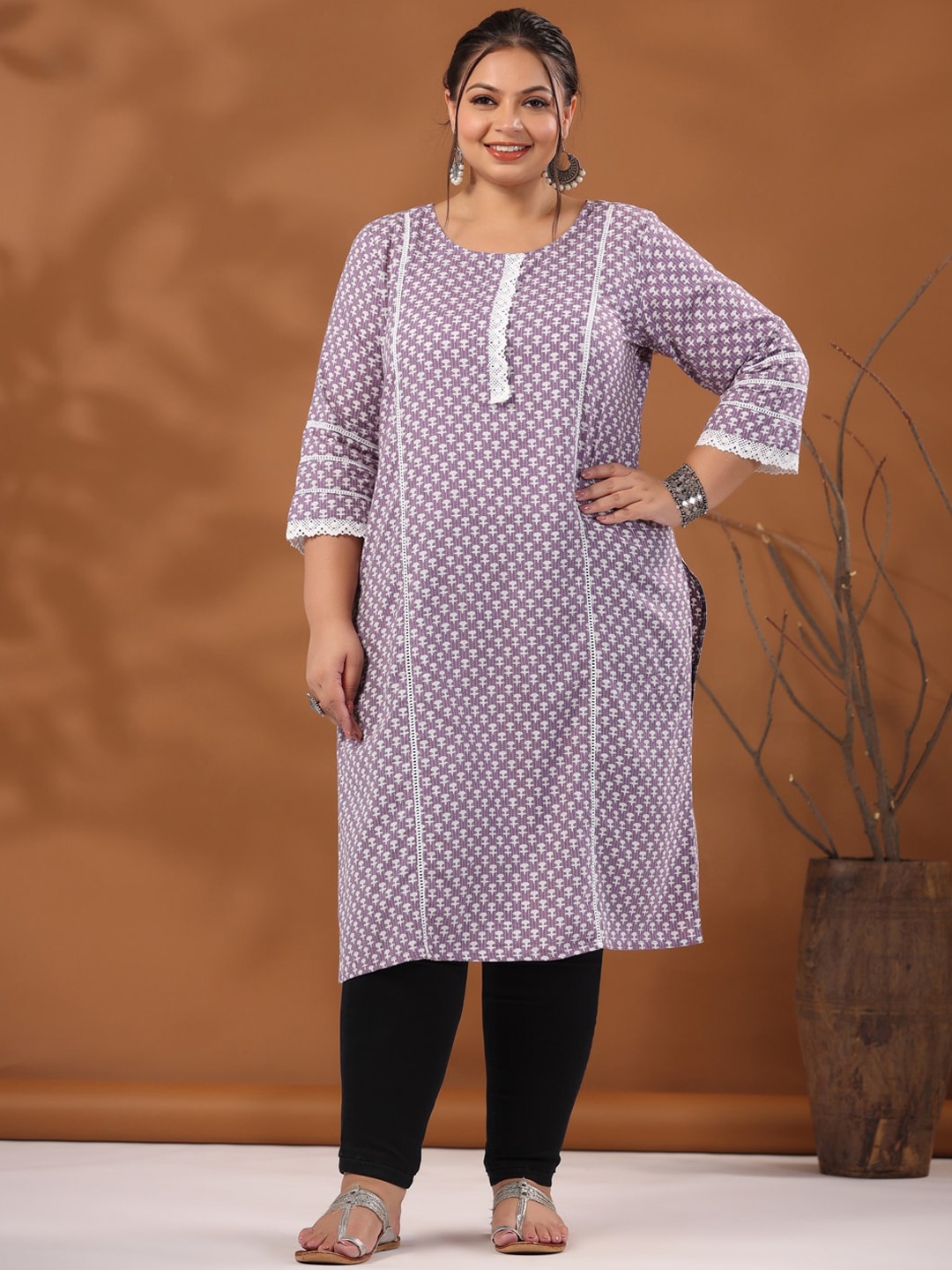 

Jaipur Kurti Plus Size Ethnic Motifs Printed Pure Cotton Kurta, Lavender