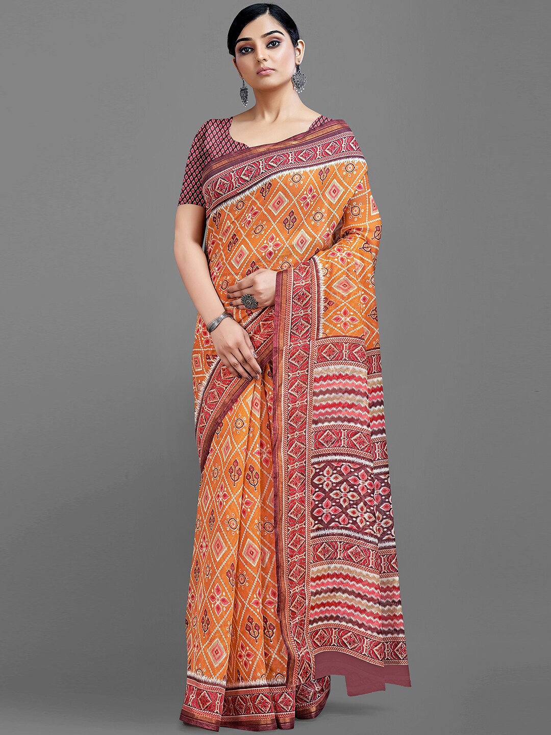 

KALINI Bandhani Printed Zari Saree, Orange