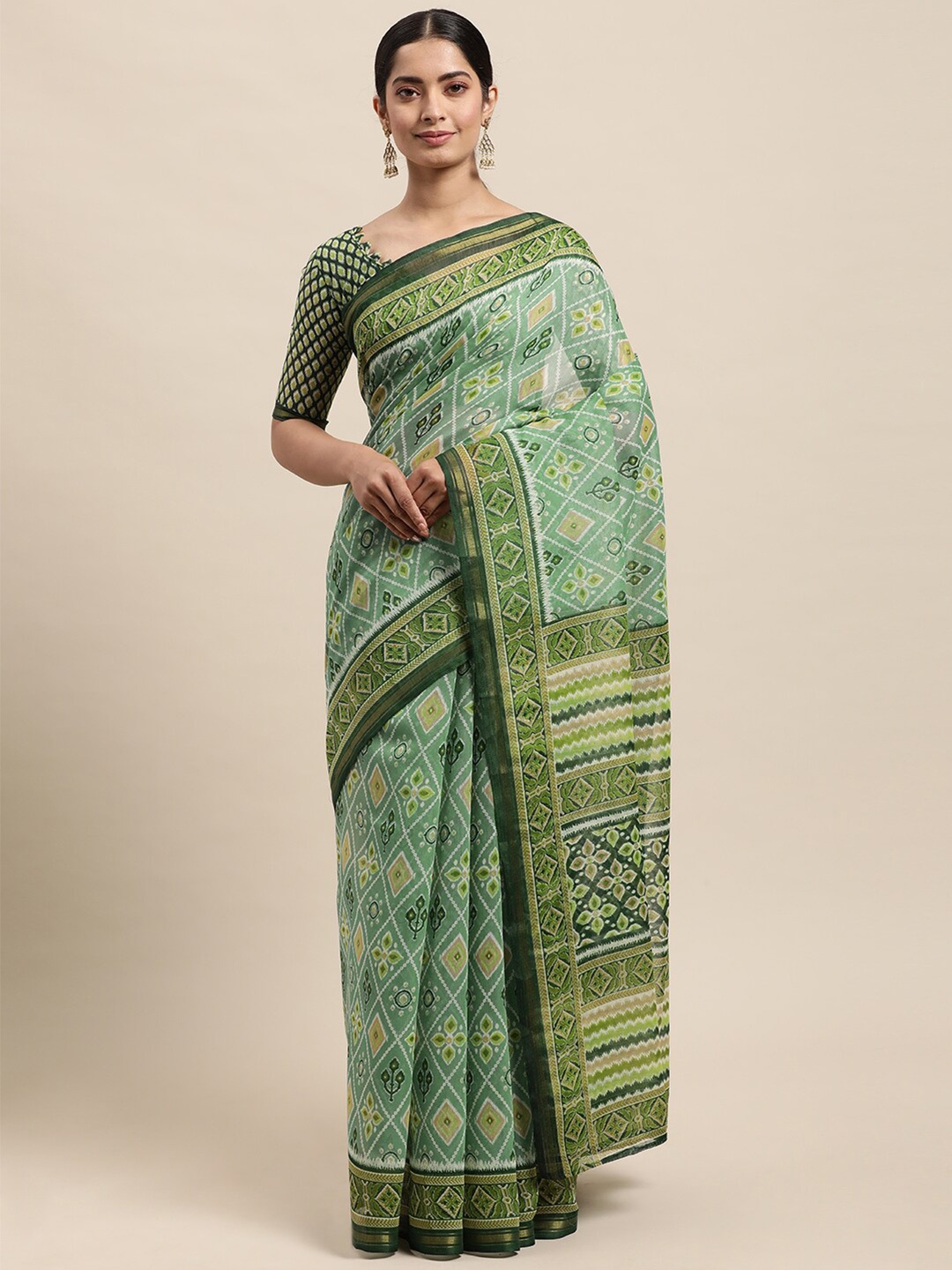 

KALINI Bandhani Printed Zari Saree, Green