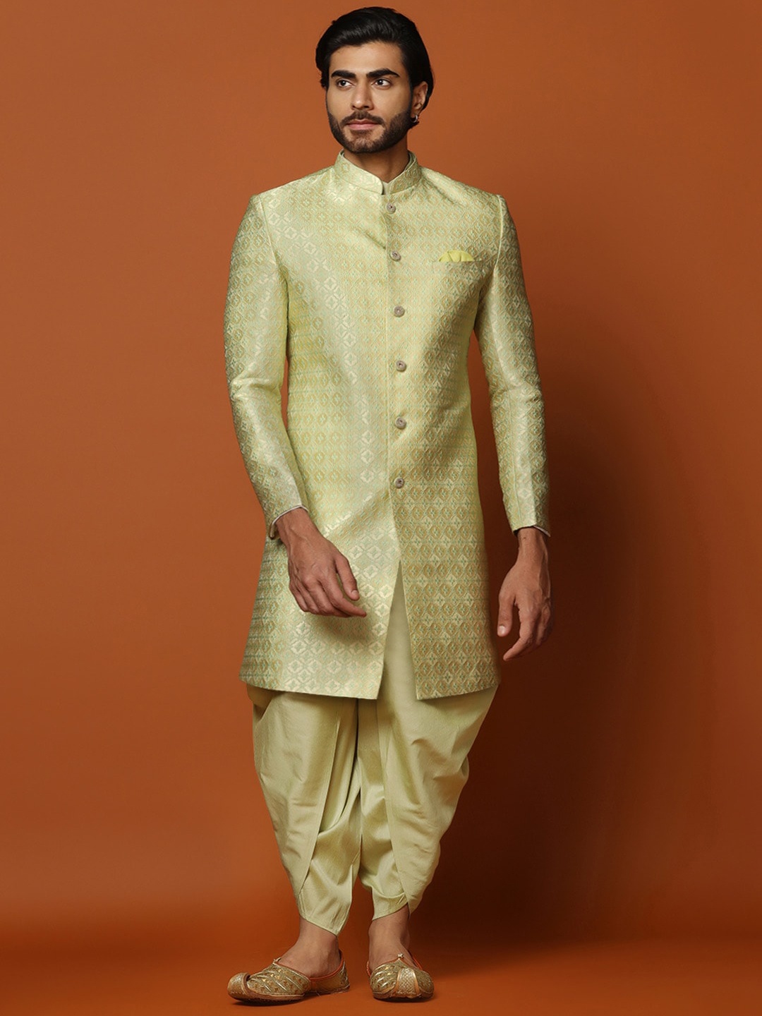 

KISAH Men Woven Design Cotton Indowestern Sherwani Dhoti Set, Gold