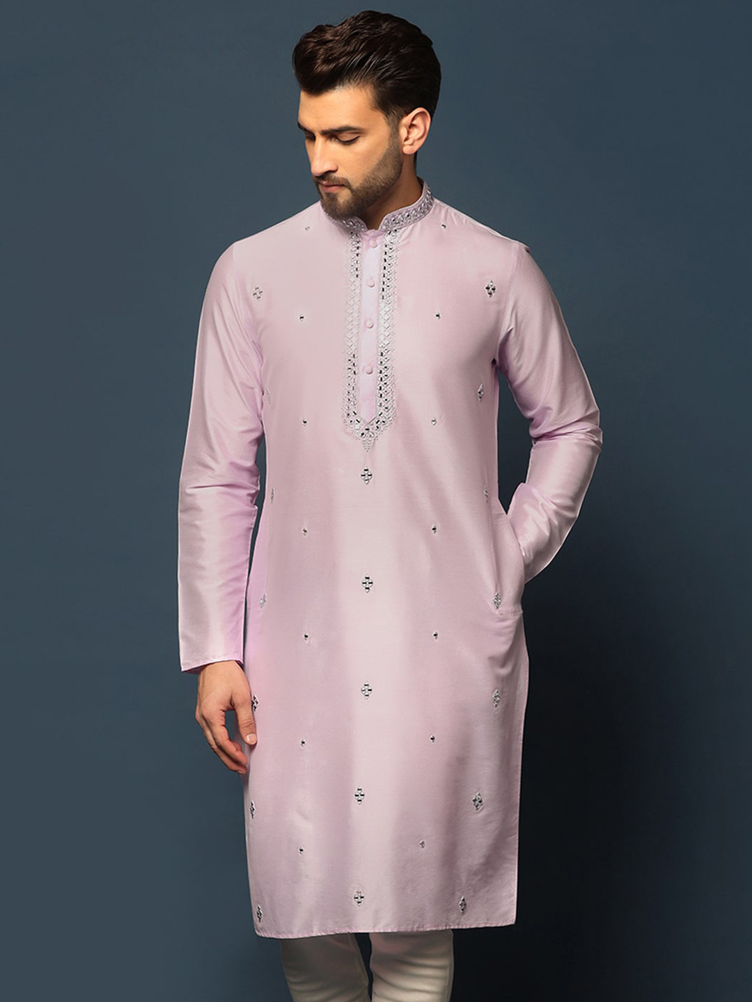 

KISAH Men Mirror Work Embroidered Regular Fit Abstract Print Kurta, Pink