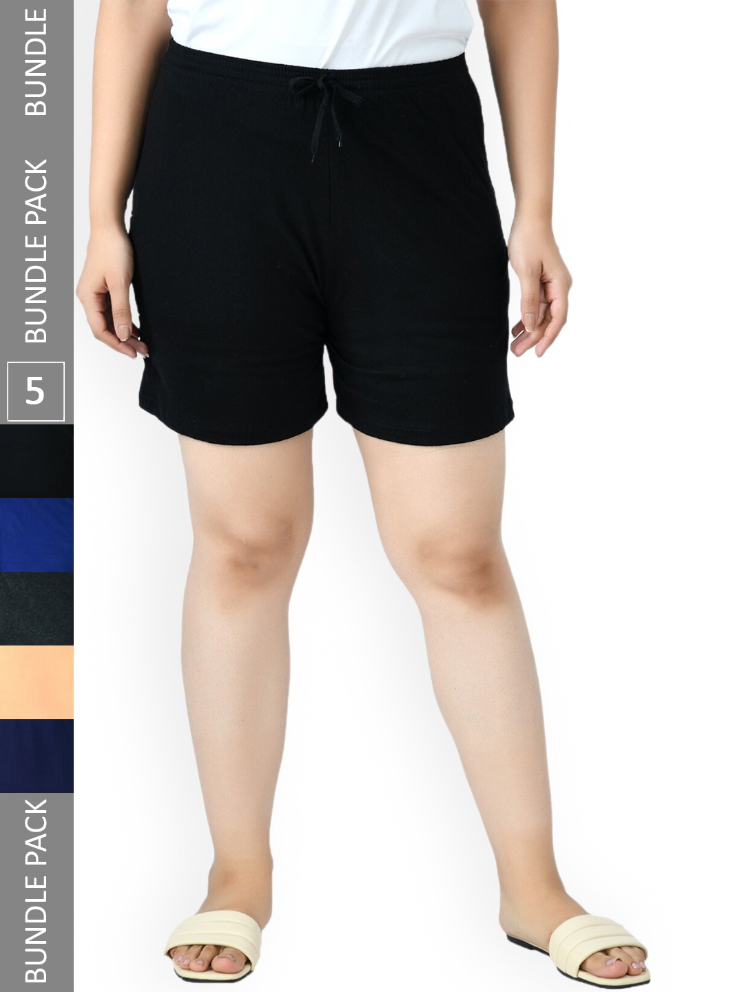 

IndiWeaves Women Pack Of 5 Printed High-Rise Pure Cotton Shorts, Black