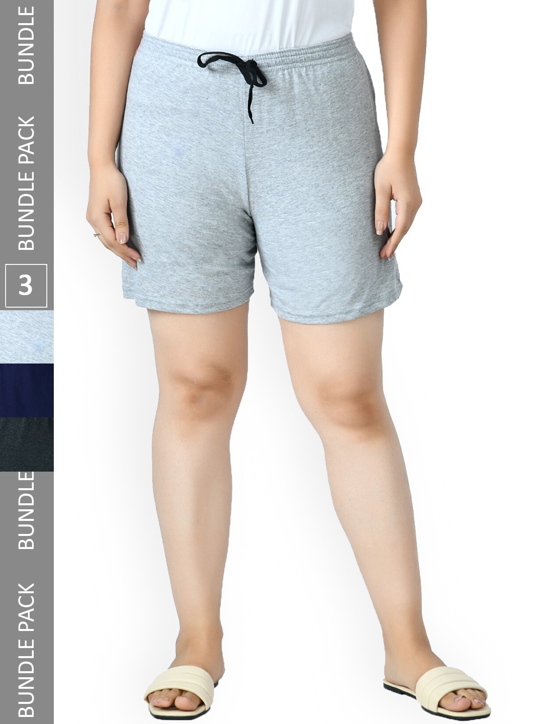

IndiWeaves Women Pack Of 3 Printed High-Rise Pure Cotton Shorts, Grey