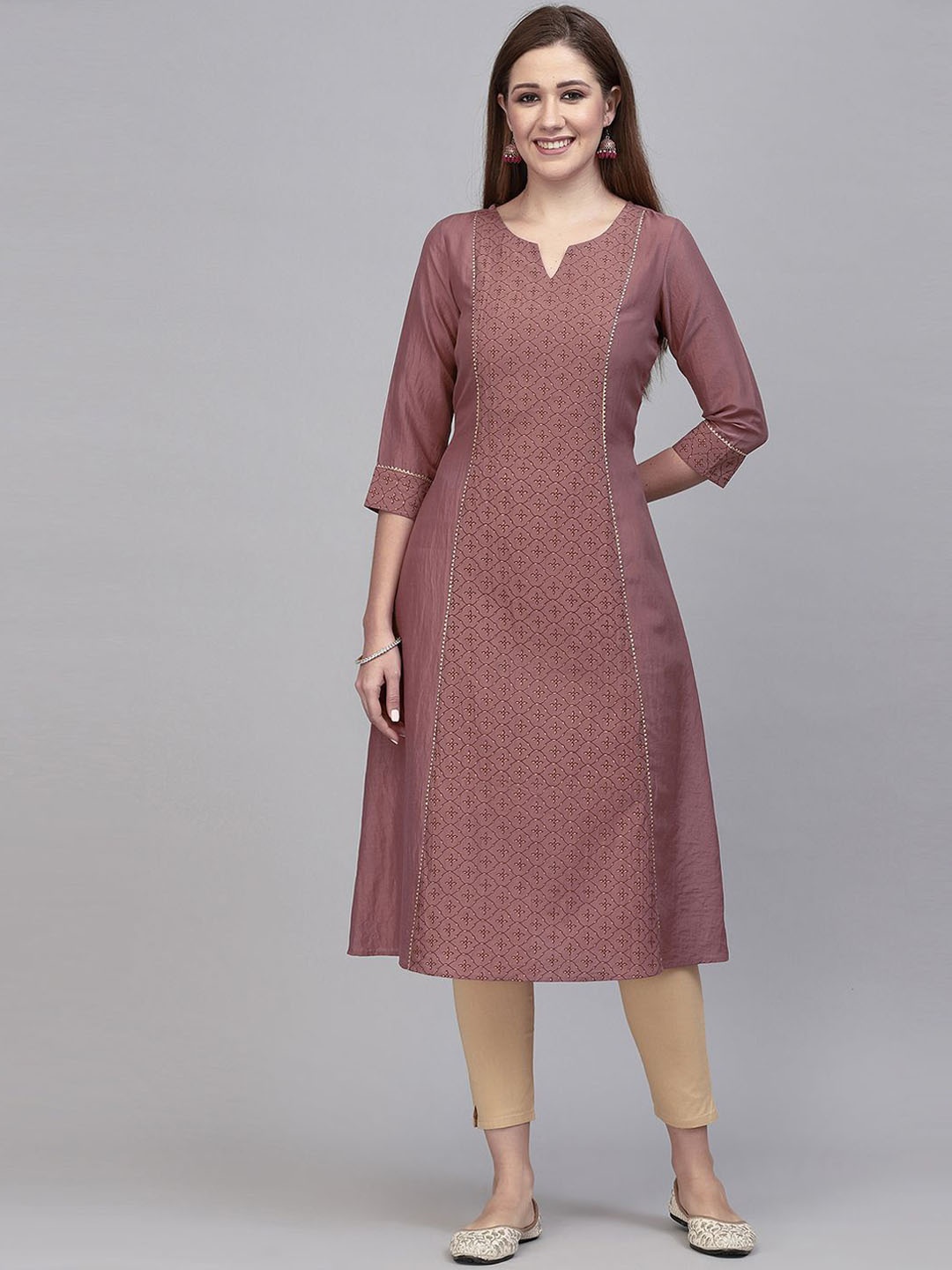 

KALINI Ethnic Motif Printed Notched Neck Raw Silk A-Line Kurta, Pink