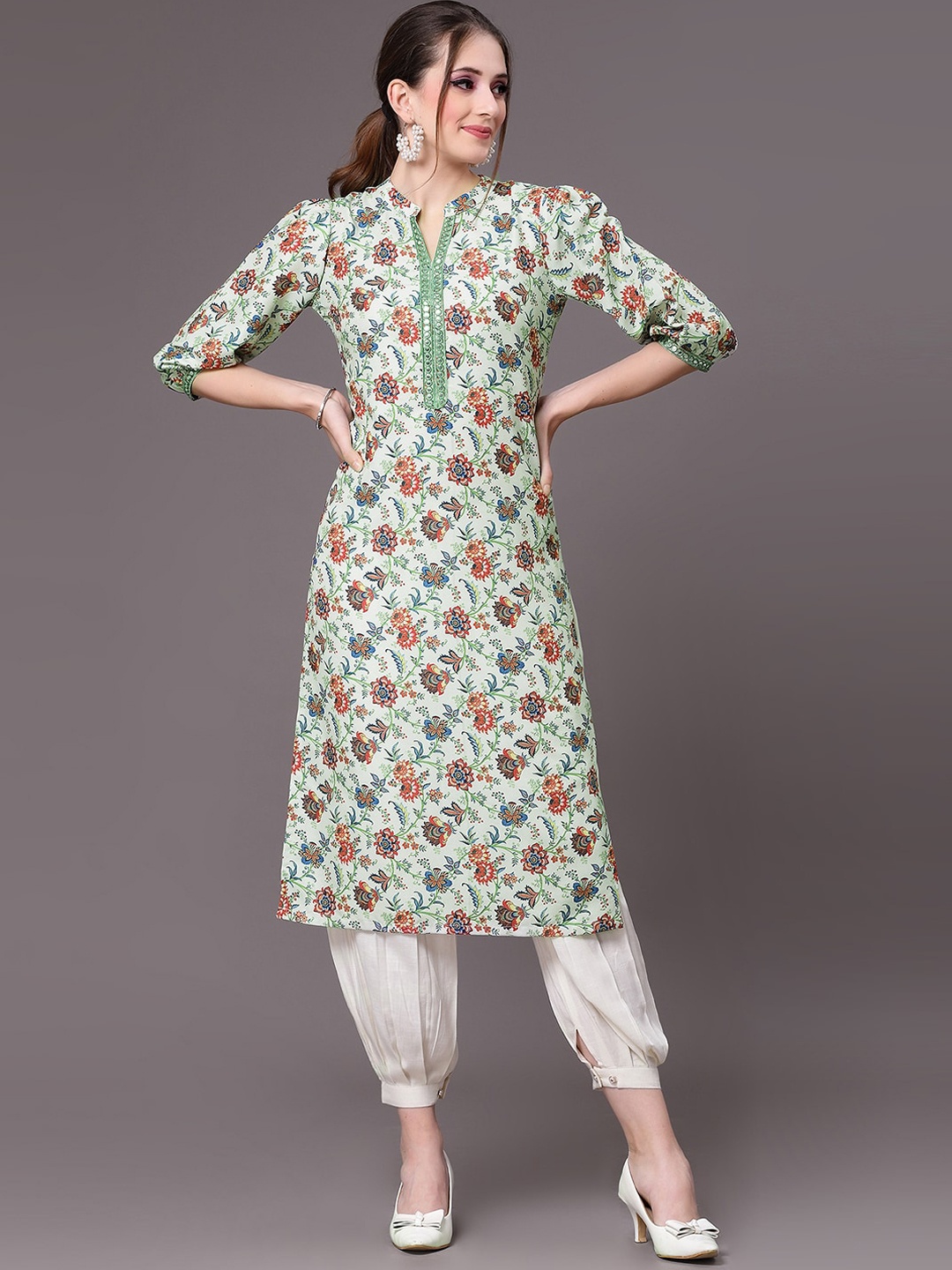 

KALINI Floral Printed Mandarin Collar Mirror Work Kurta, Sea green