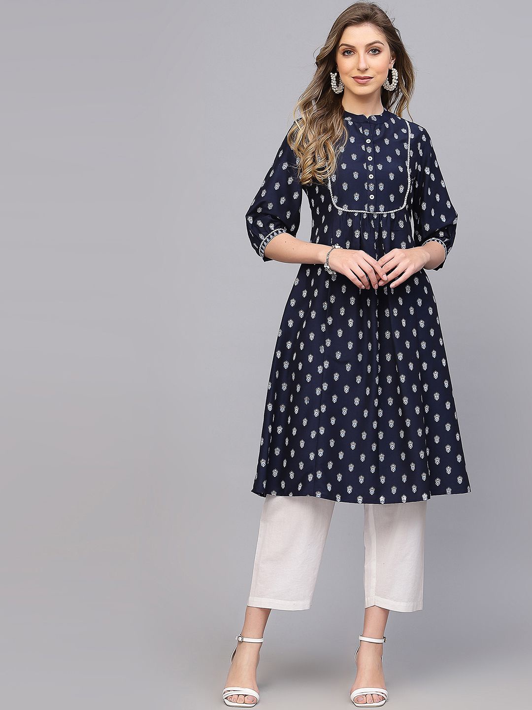 

KALINI Ethnic Motif Printed Band Collar A-Line Kurta, Navy blue