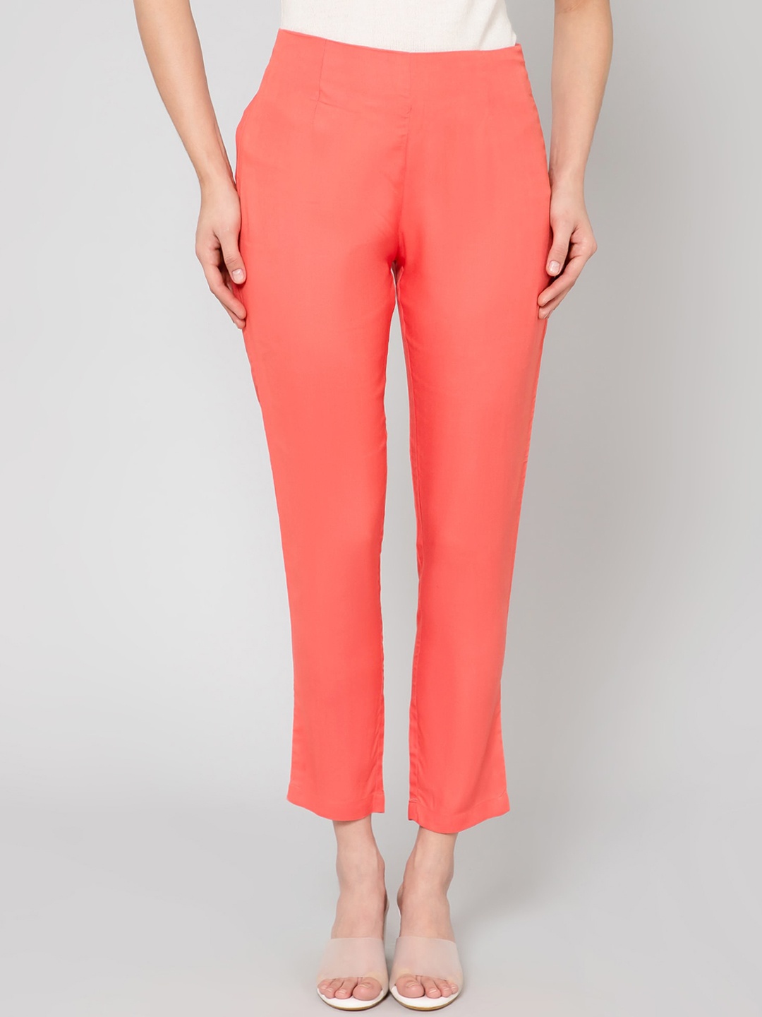 

Cantabil Women Mid-Rise Regular Fit Trousers, Coral