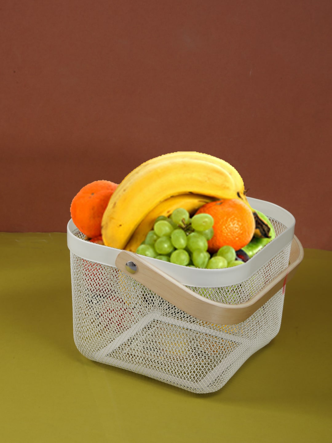 

FABINALIV White & Beige Metal Fruit Basket With Wooden Handle