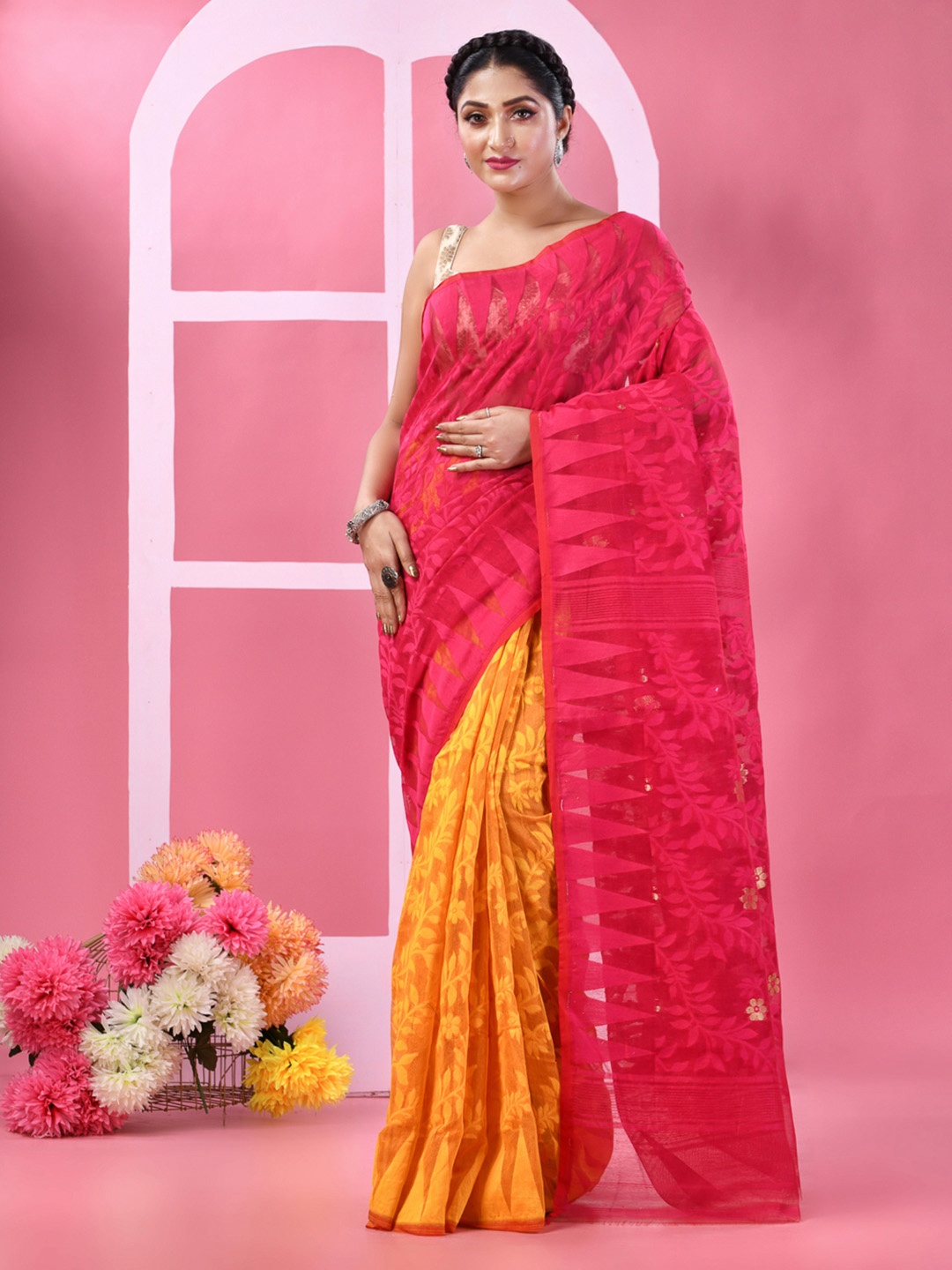 

DESH BIDESH Floral Woven Design Pure Cotton Half And Half Jamdani Saree, Pink