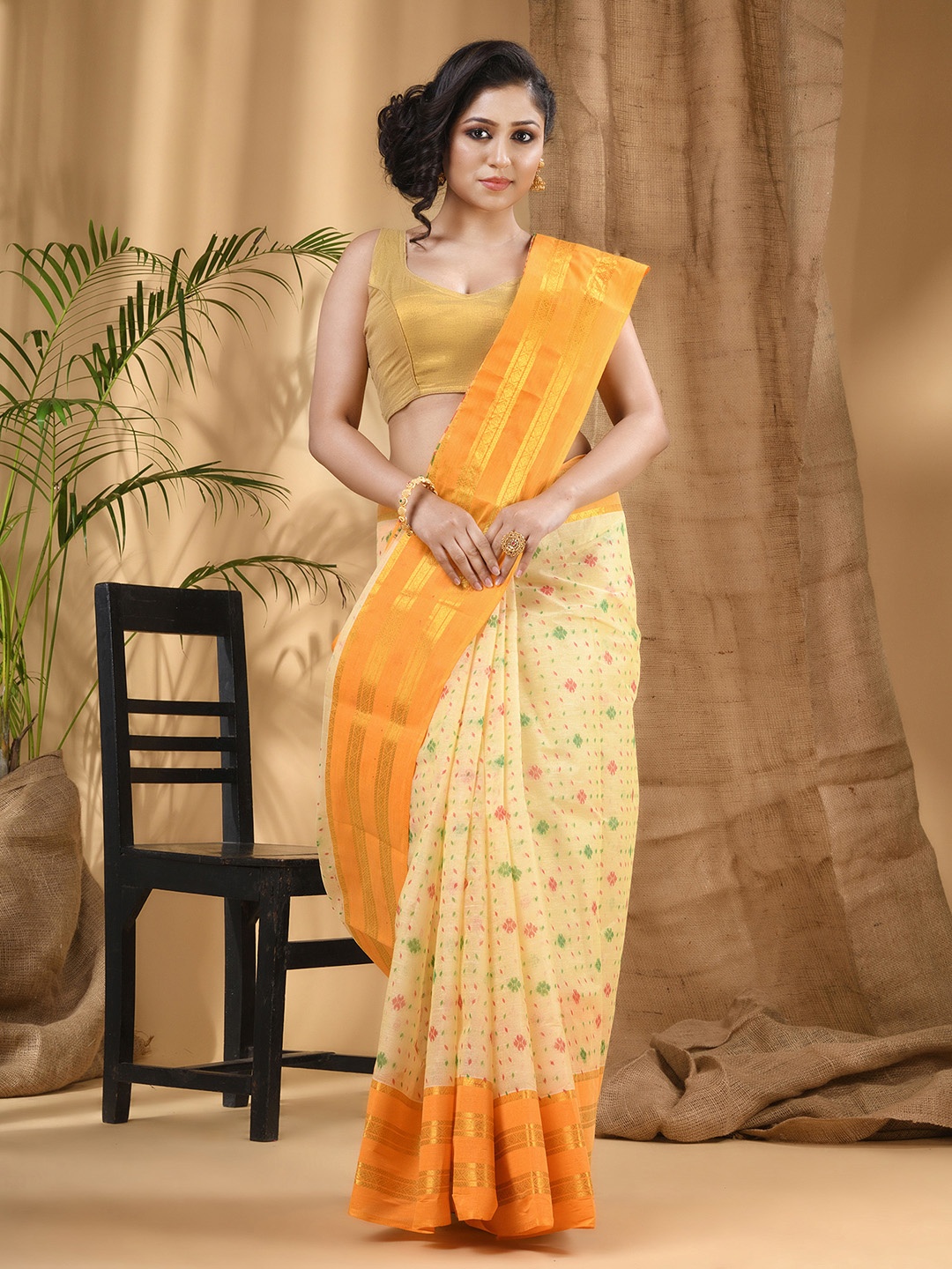 

DESH BIDESH Ethnic Motifs Woven Design Zari Pure Cotton Taant Saree, Yellow