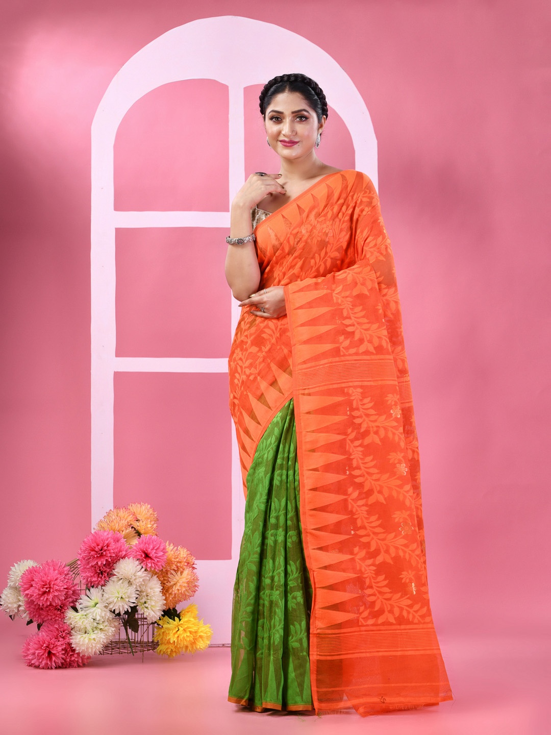 

DESH BIDESH Floral Woven Design Pure Cotton Half And Half Jamdani Saree, Orange