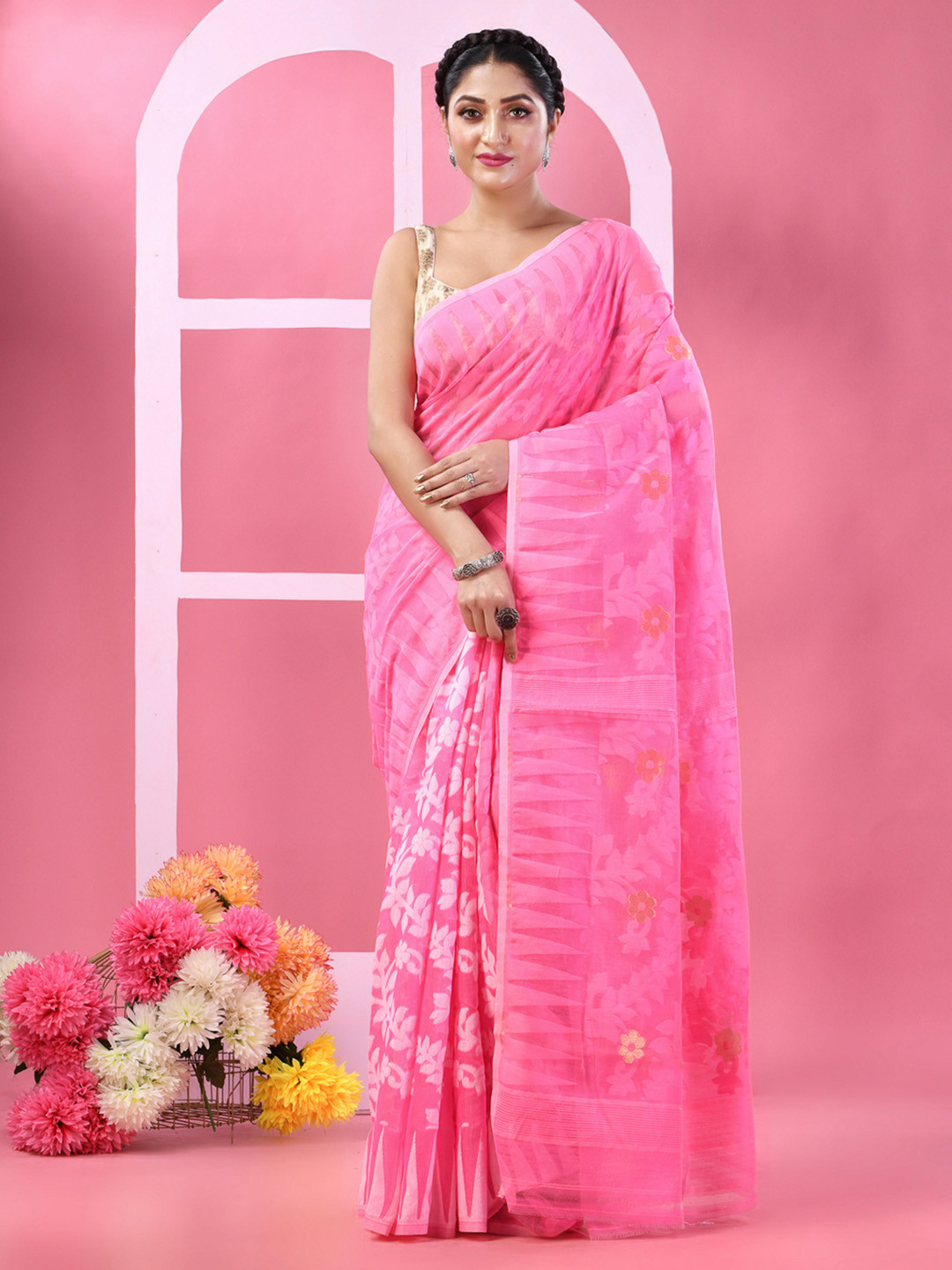 

DESH BIDESH Floral Woven Design Pure Cotton Half And Half Jamdani Saree, Pink