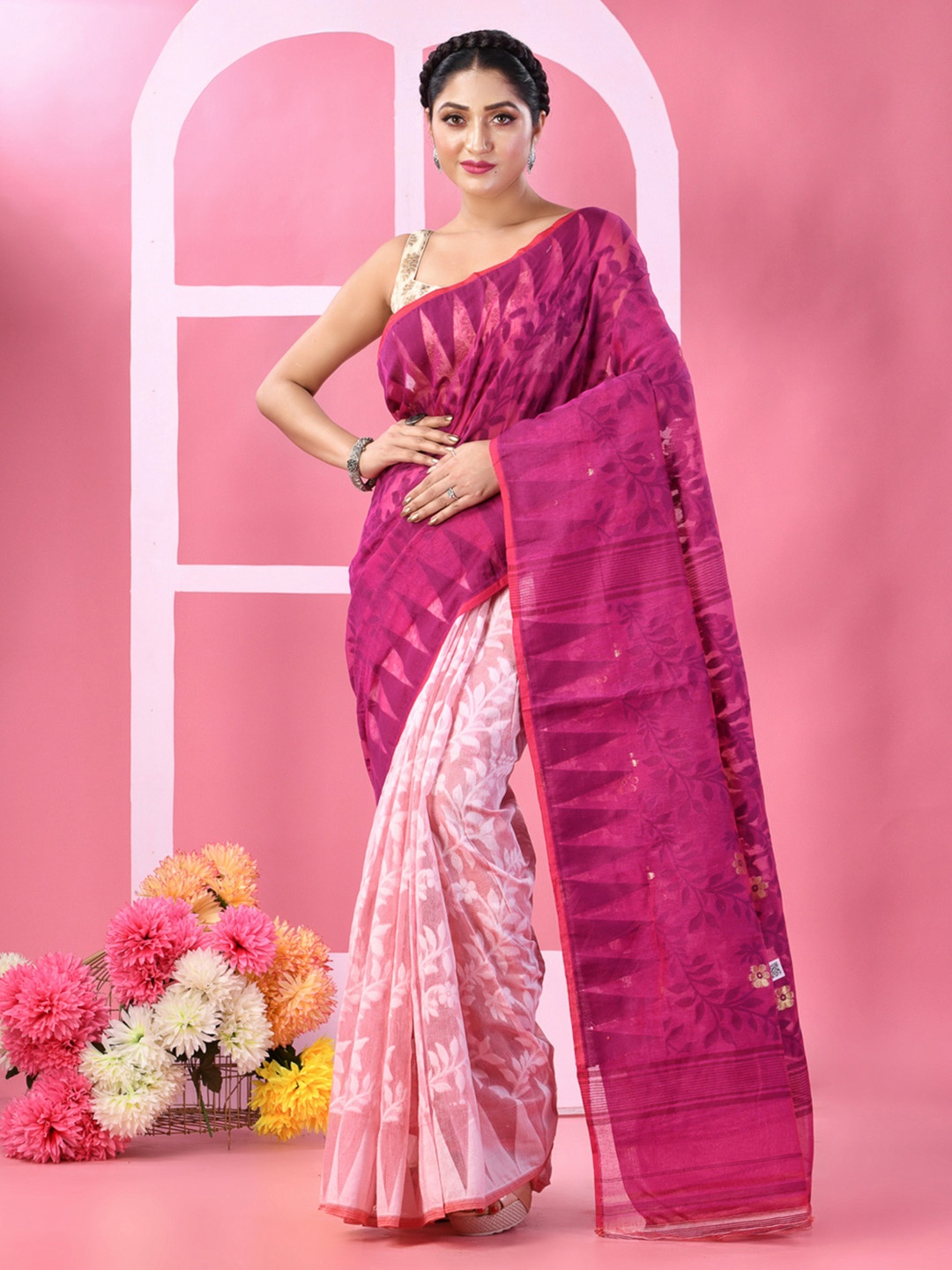 

DESH BIDESH Floral Woven Design Pure Cotton Half And Half Jamdani Saree, Magenta