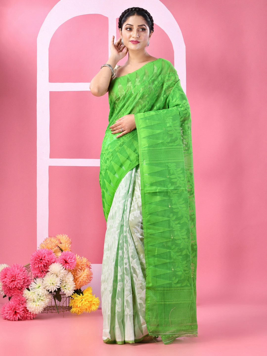 

DESH BIDESH Floral Woven Design Pure Cotton Half And Half Jamdani Saree, Green