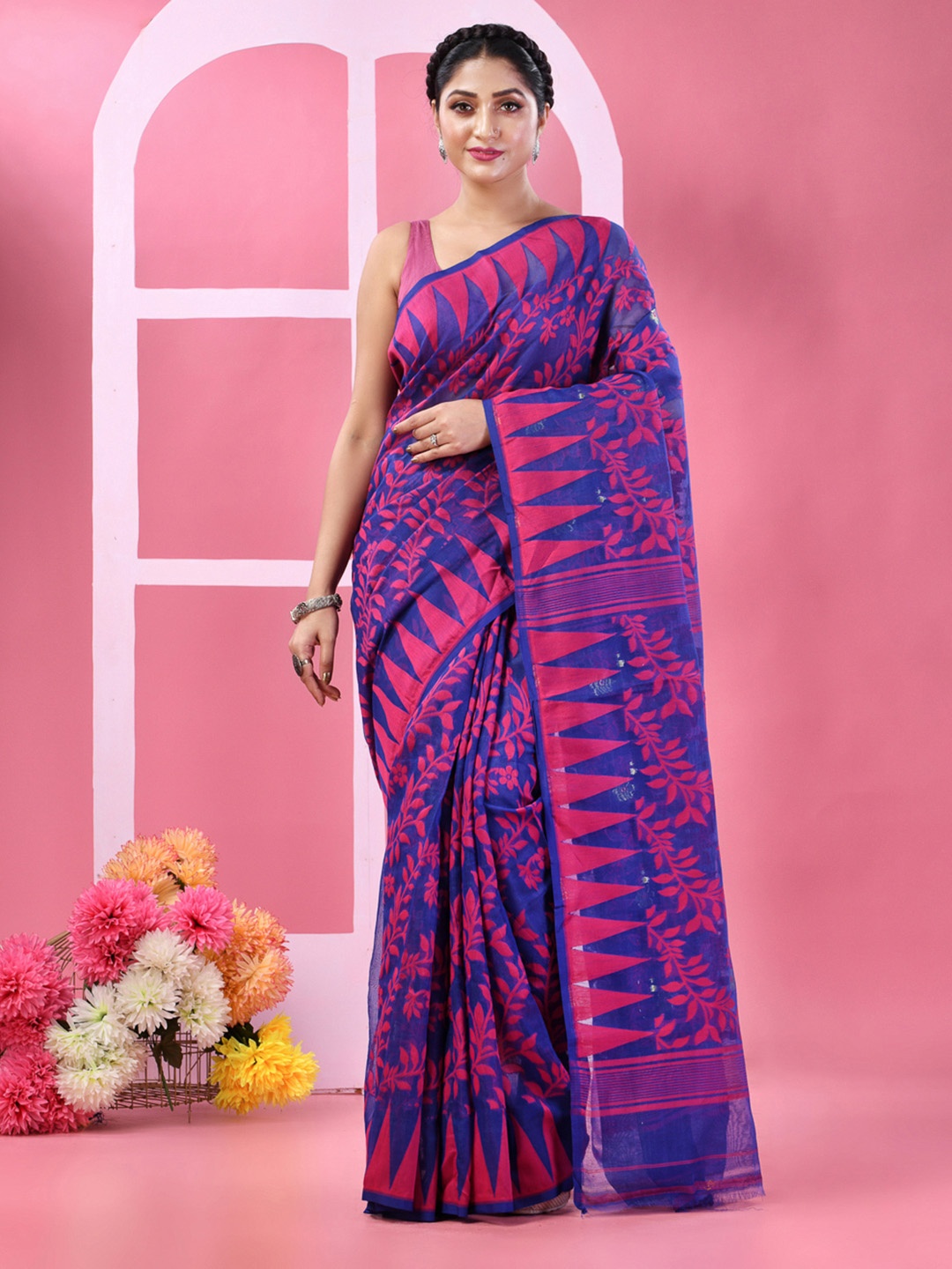 

DESH BIDESH Floral Woven Design Zari Pure Cotton Jamdani Saree, Purple