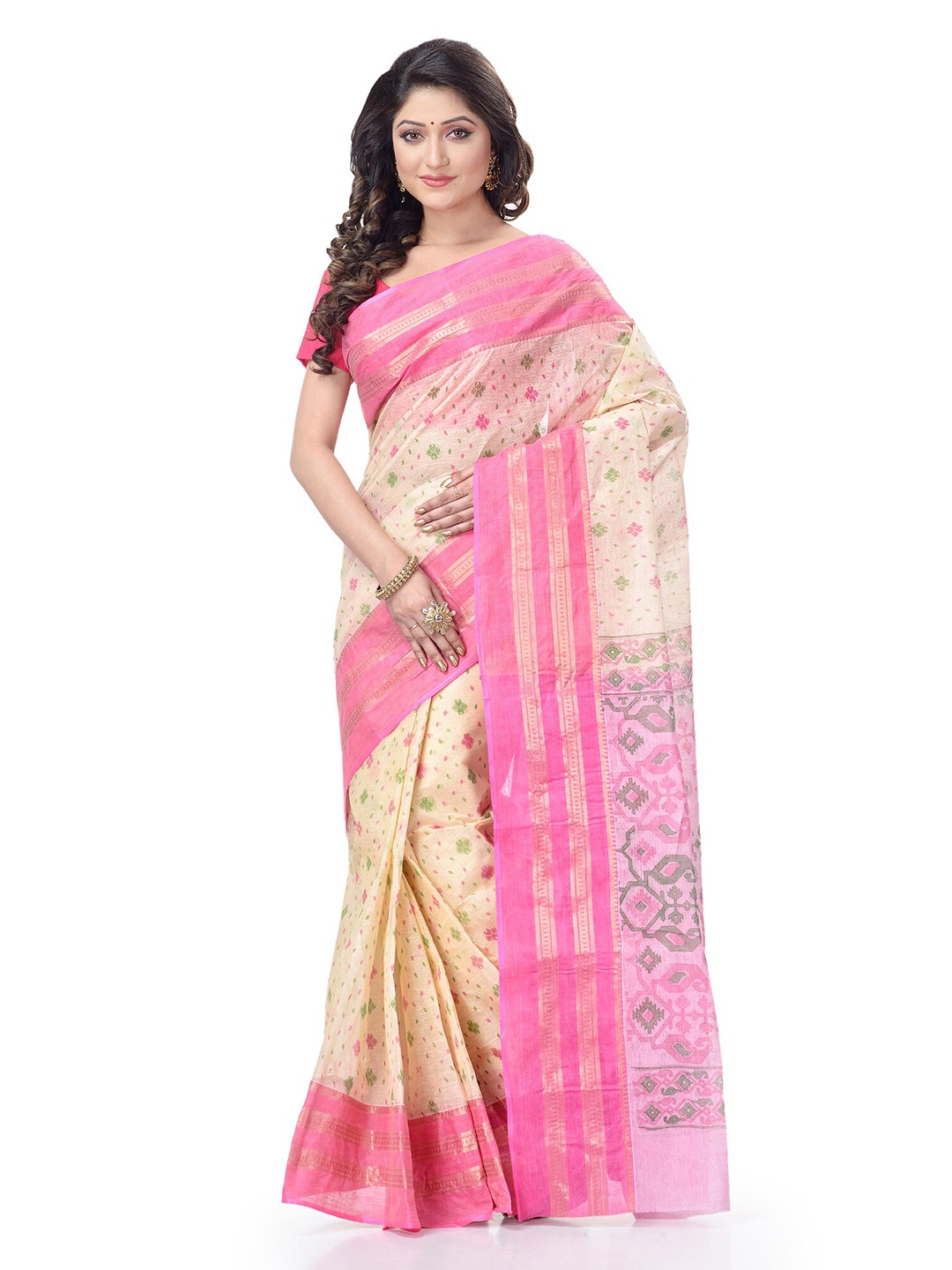 

DESH BIDESH Floral Woven Design Pure Cotton Taant Saree, Pink