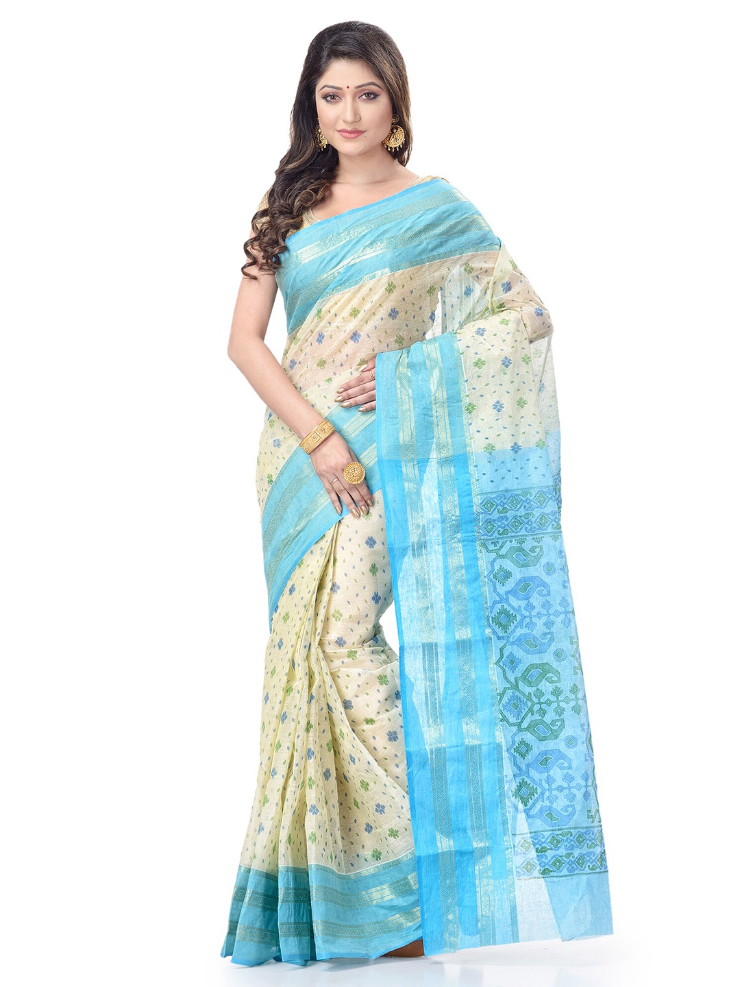 

DESH BIDESH Ethnic Motifs Printed Pure Cotton Taant Saree, Blue