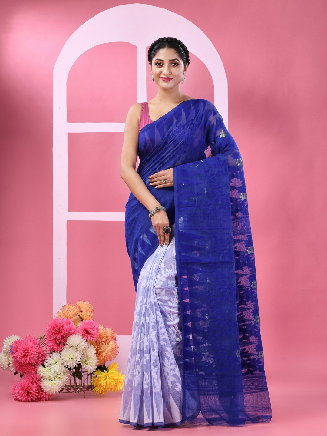 

DESH BIDESH Floral Woven Design Pure Cotton Half And Half Jamdani Saree, Blue