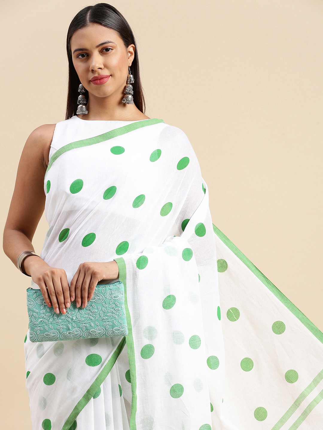 

DESH BIDESH Geometric Printed Pure Cotton Taant Saree, Green