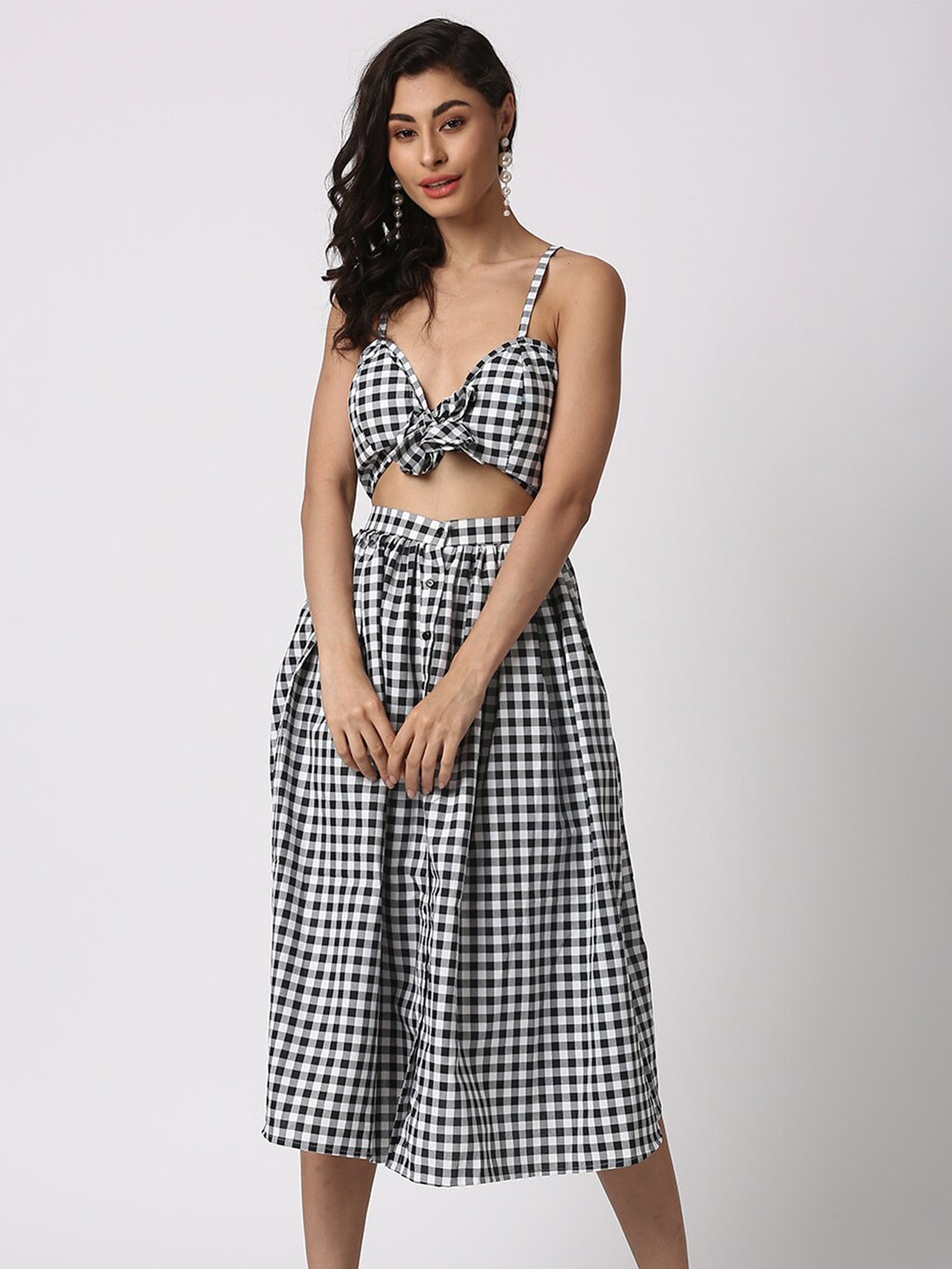 

KAMPHIRE Checked Cut Out Ruffled Cotton Fit & Flare Midi Dress, White