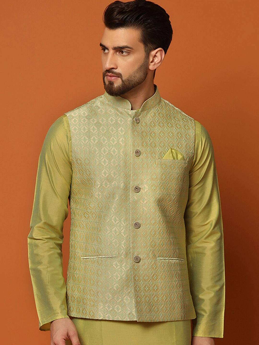 

KISAH Woven Design Nehru Jacket, Green