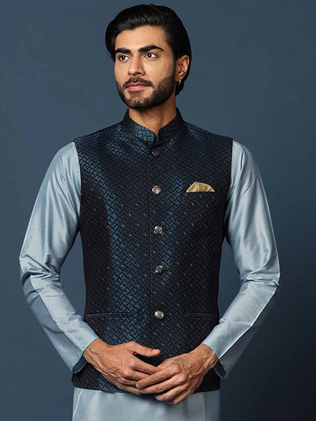 

KISAH Woven Design Nehru Jacket, Blue