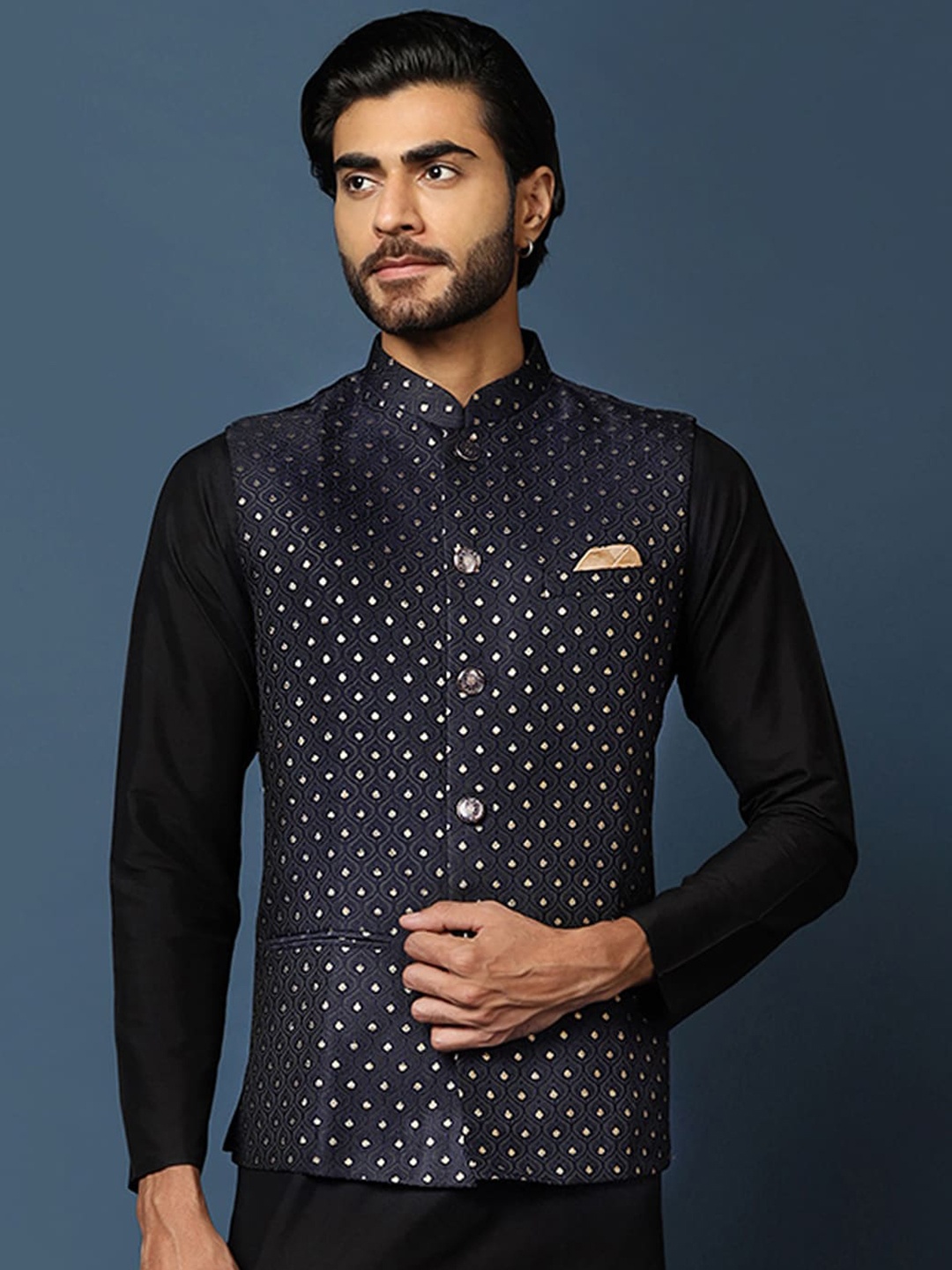 

KISAH Woven-Design Mandarin Collar Nehru Jacket, Navy blue