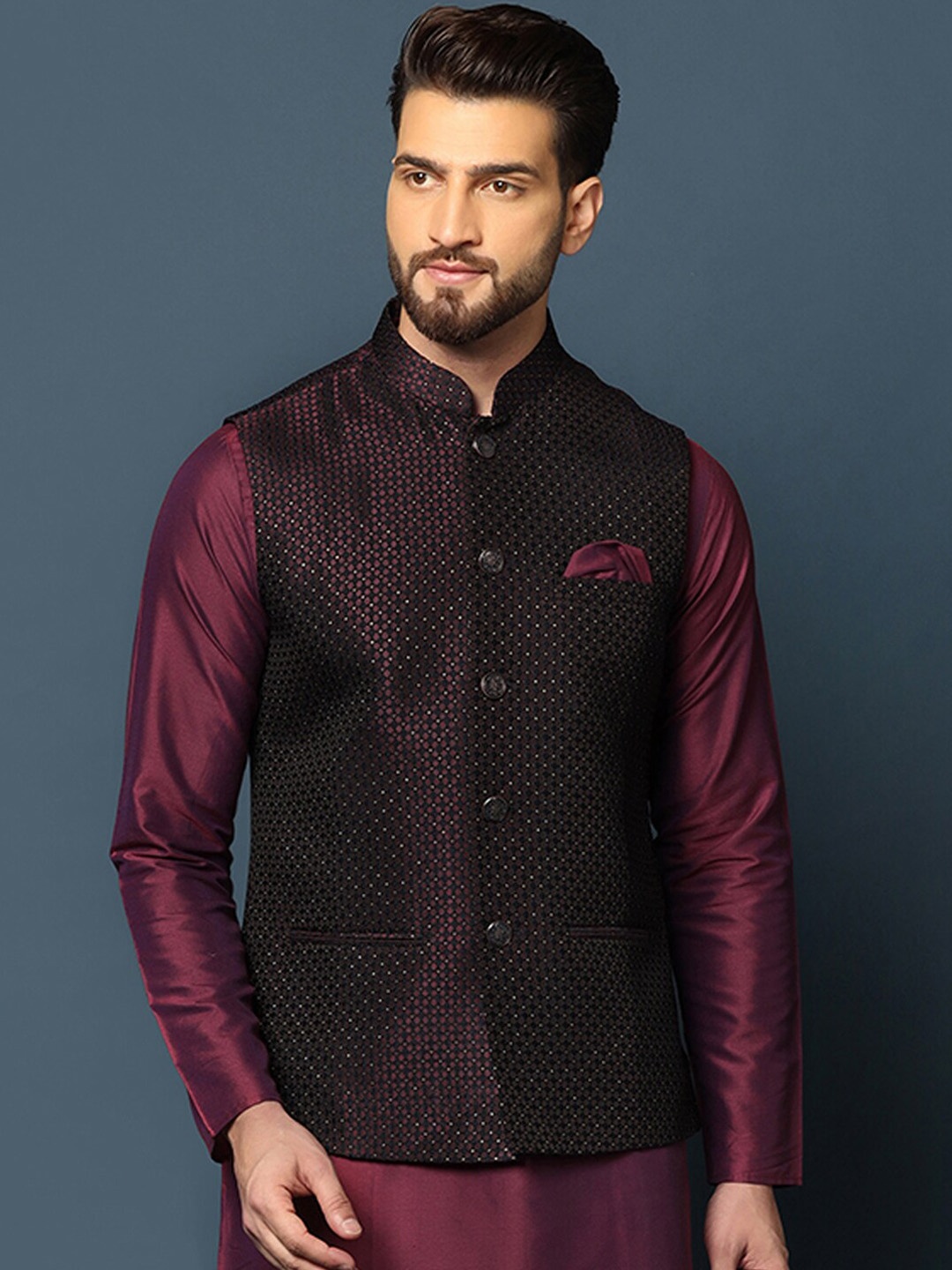 

KISAH Woven Design Nehru Jacket, Navy blue