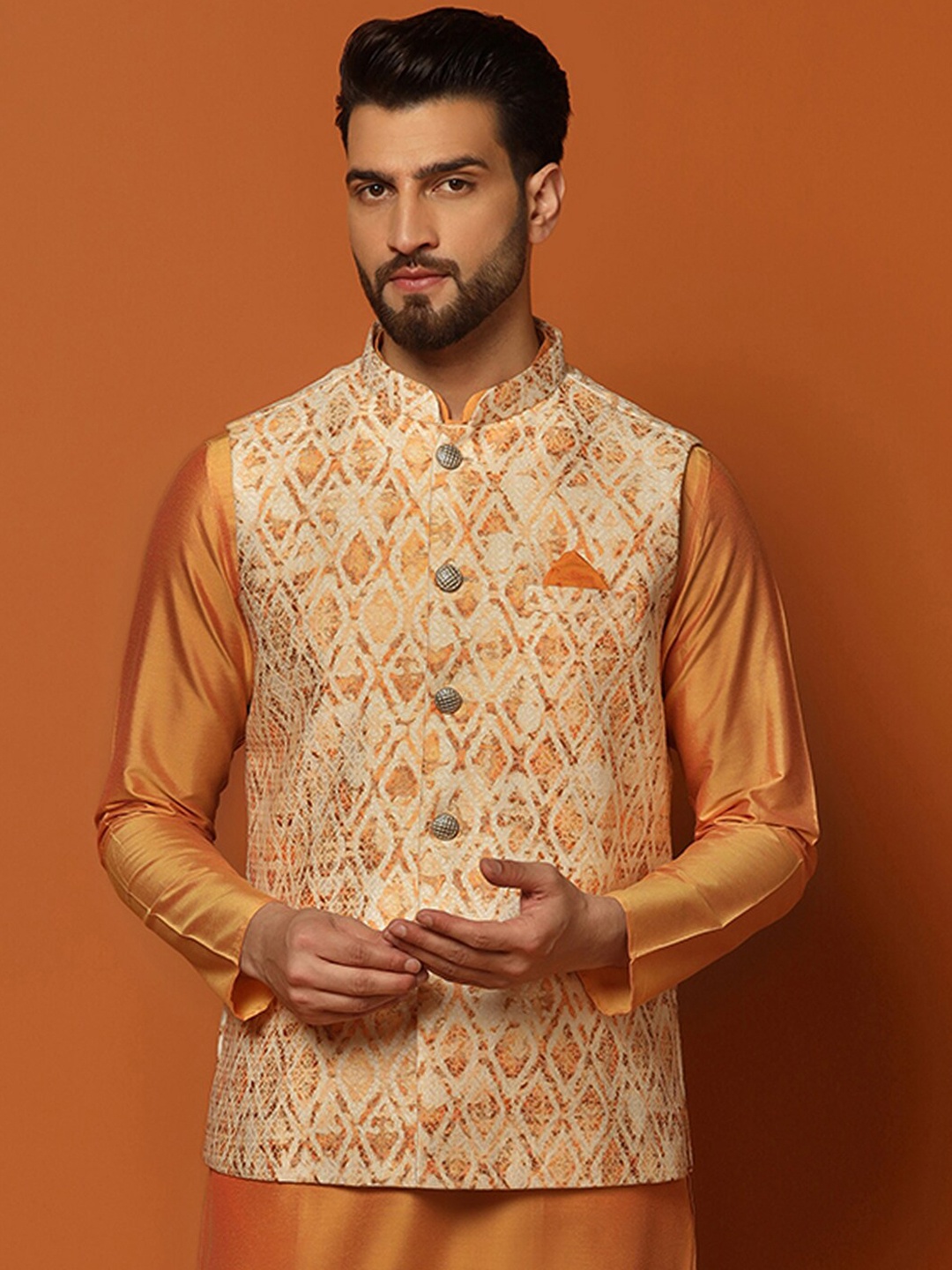 

KISAH Woven Design Mandarin Collar Nehru Jacket, Orange