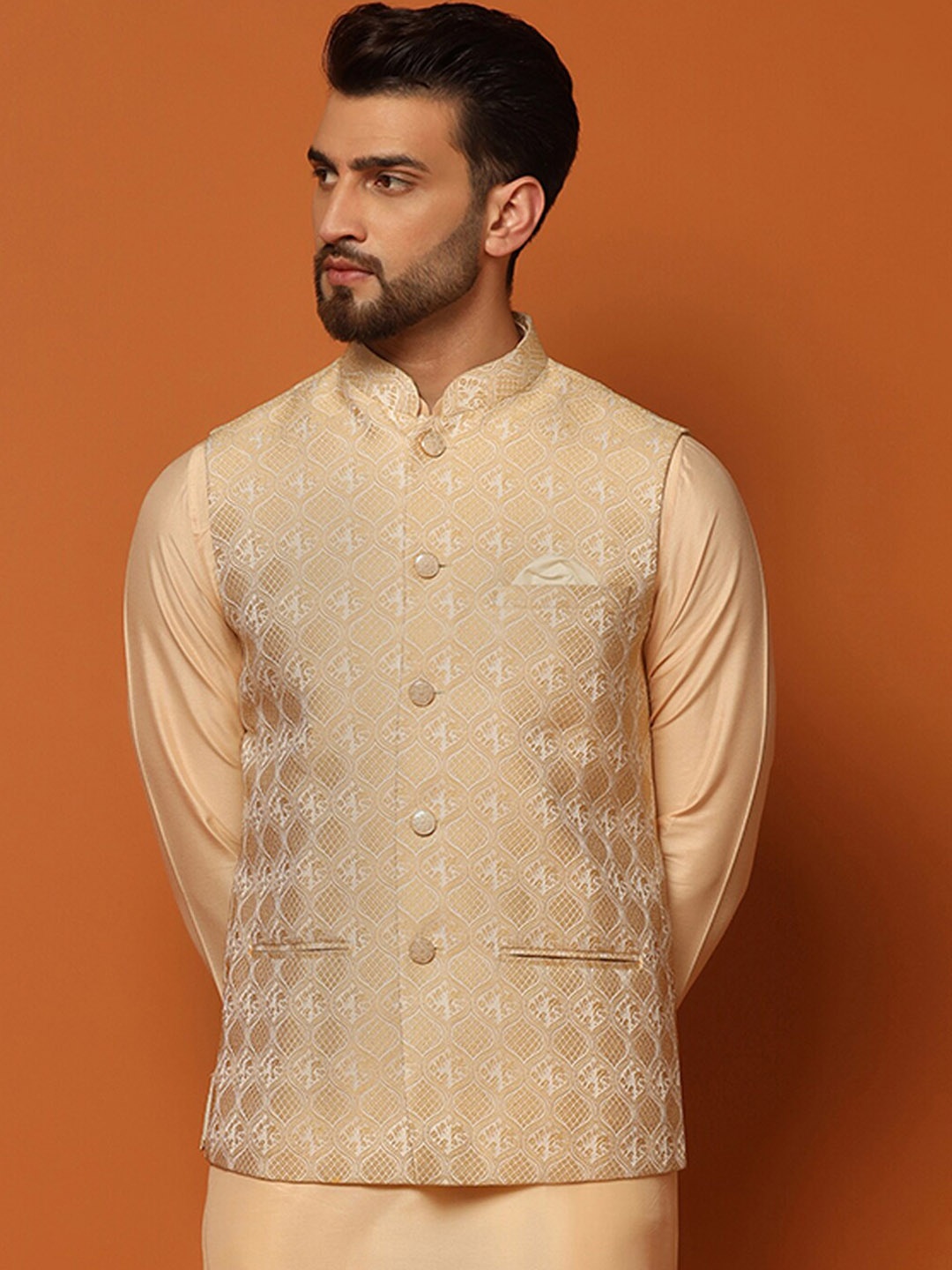 

KISAH Woven-Design Mandarin Collar Nehru Jacket, Cream