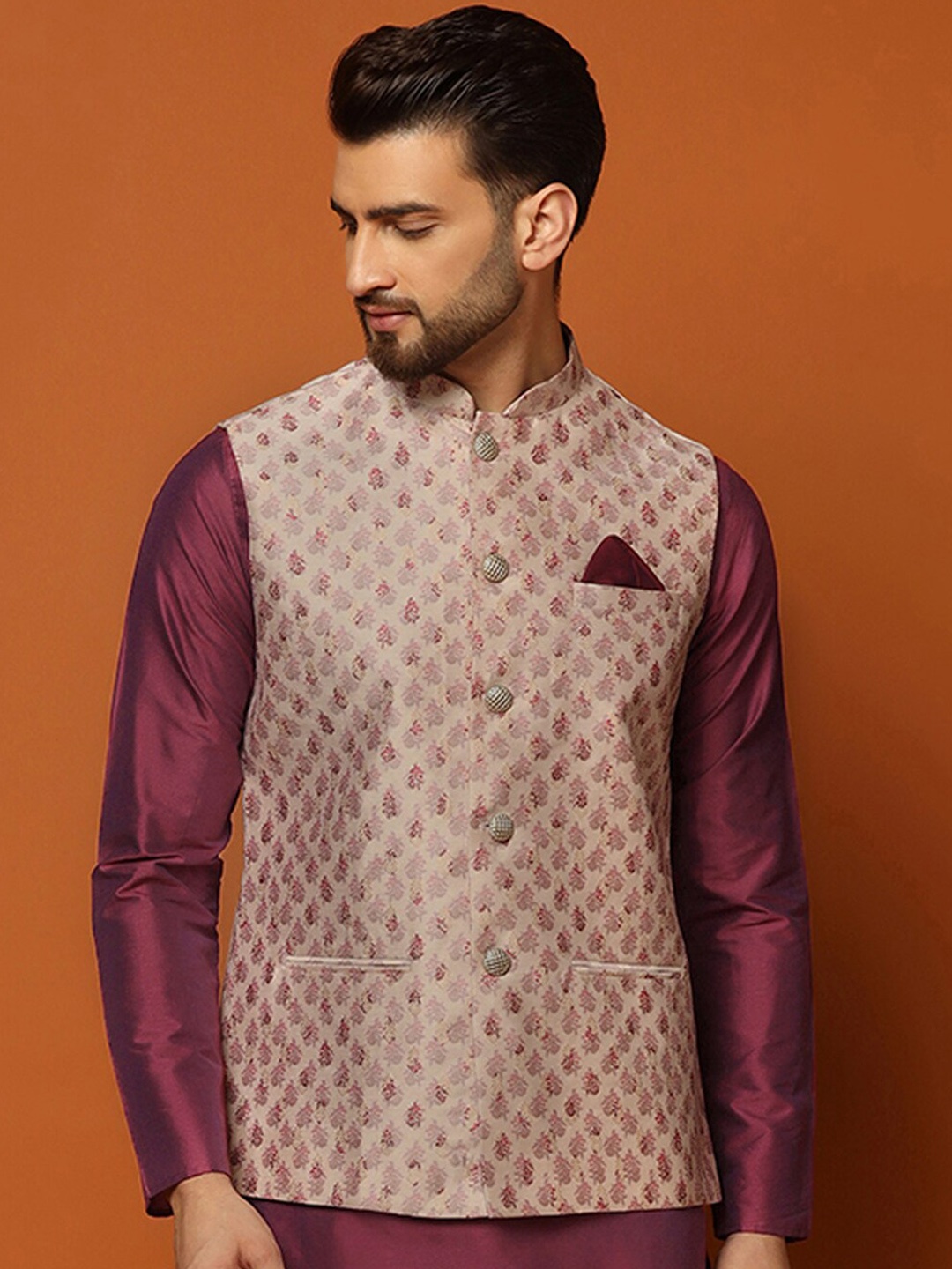 

KISAH Woven Design Mandarin Collar Nehru Jacket, Beige