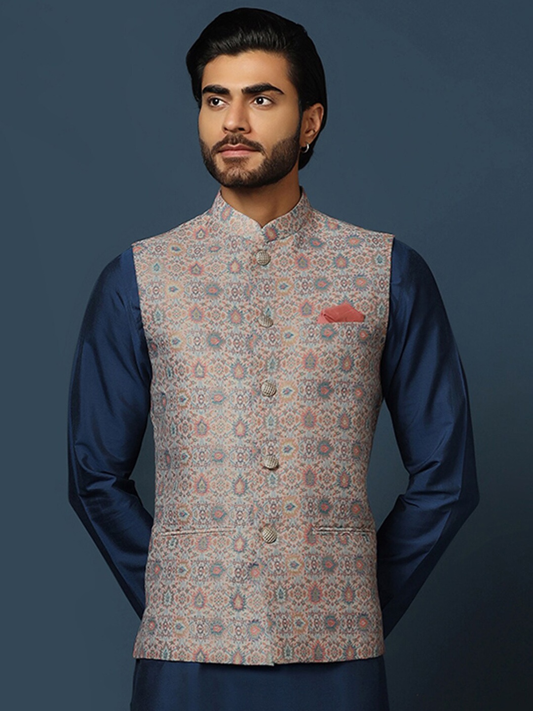 

KISAH Woven Design Mandarin Collar Nehru Jacket, Grey